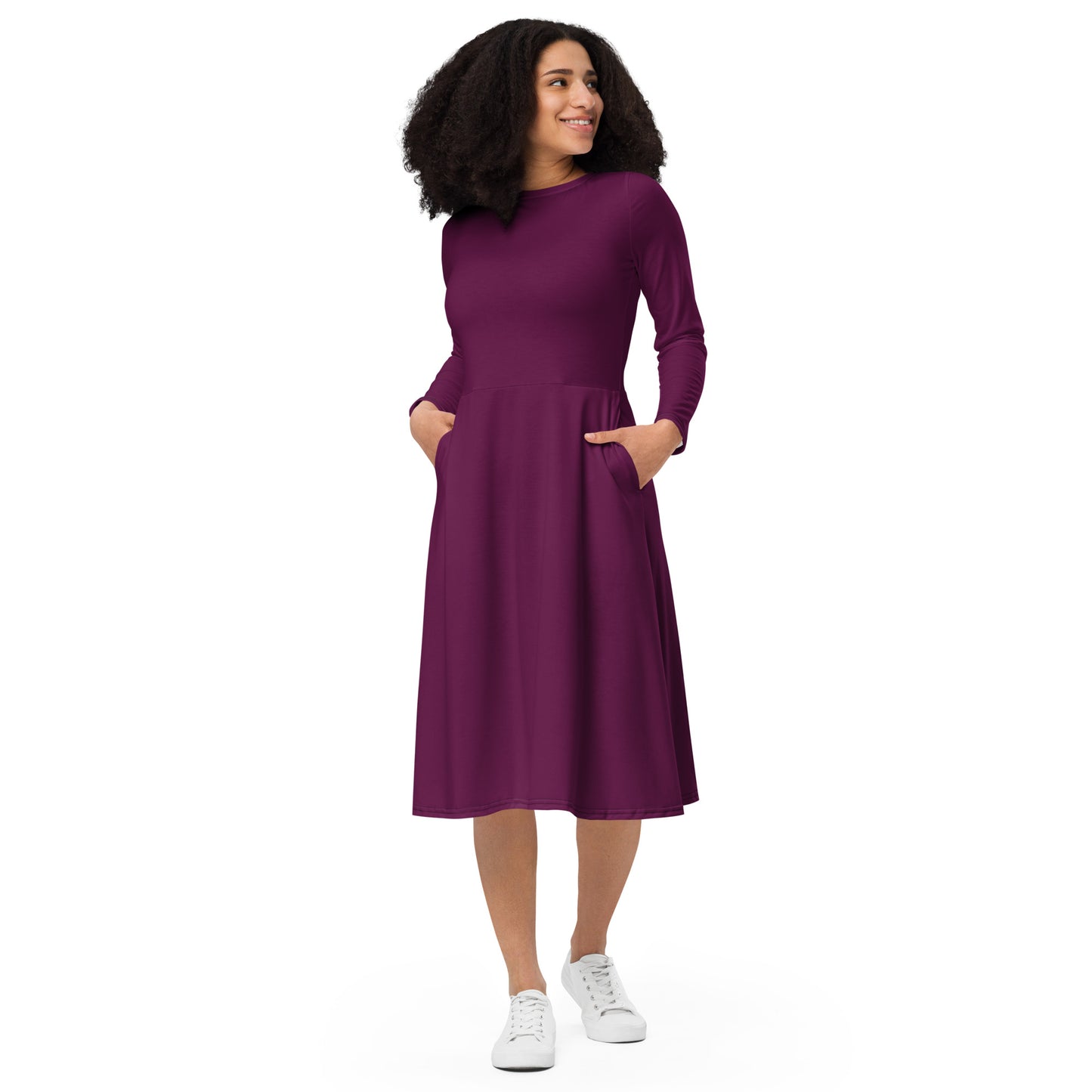 Purple Power-long-sleeve-midi-dress-front