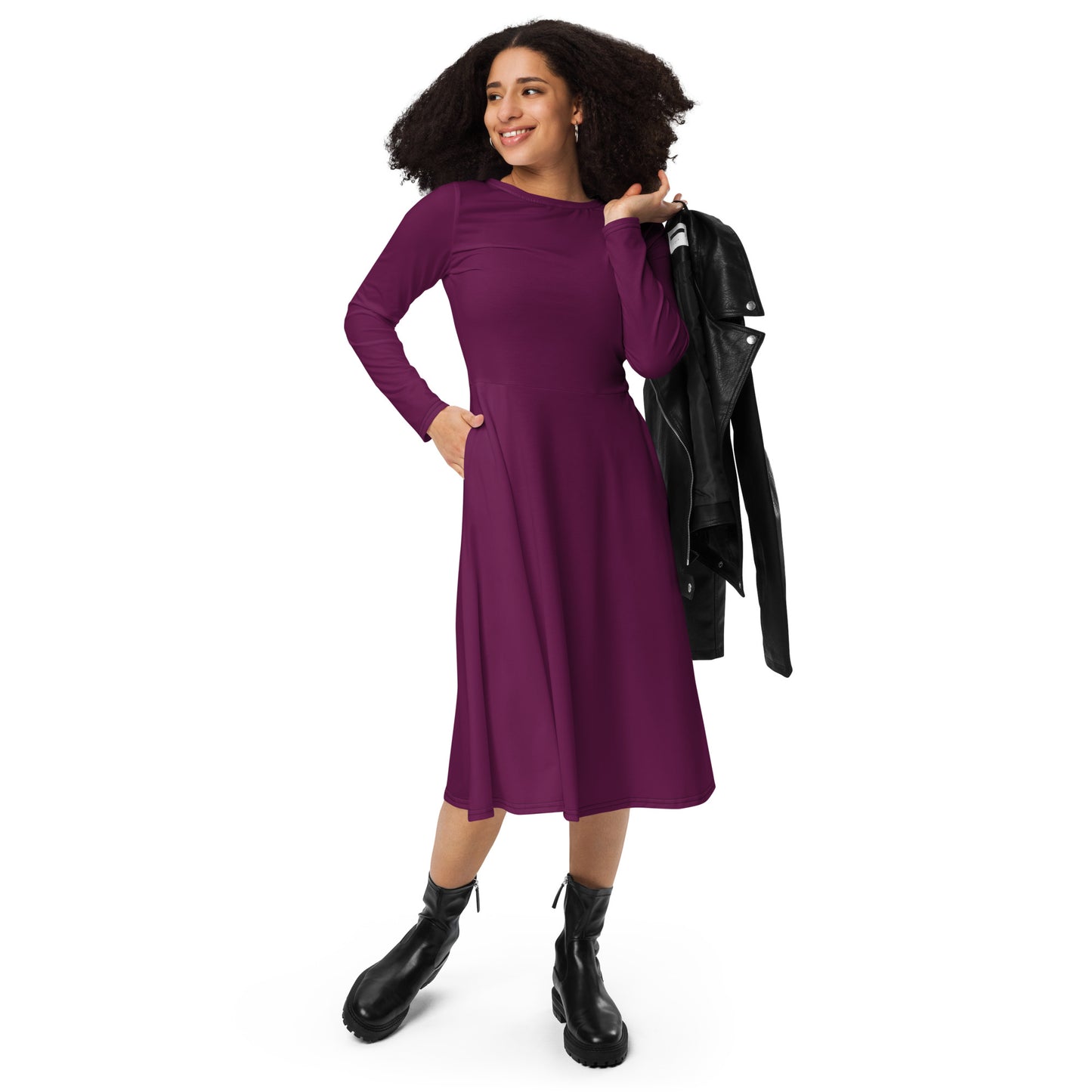 Purple Power-long-sleeve-midi-dress-front 1