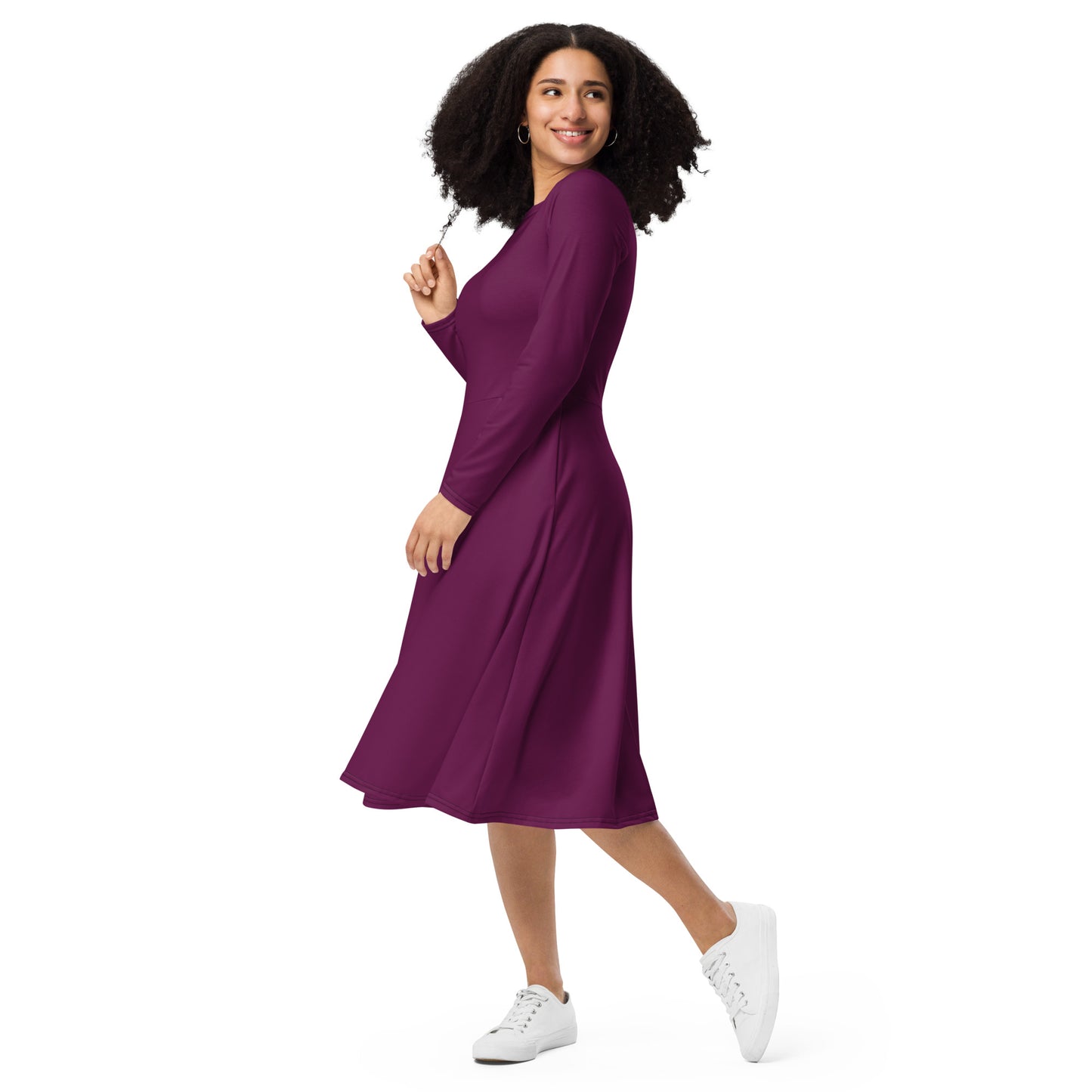 Purple Power-long-sleeve-midi-dress-left-front