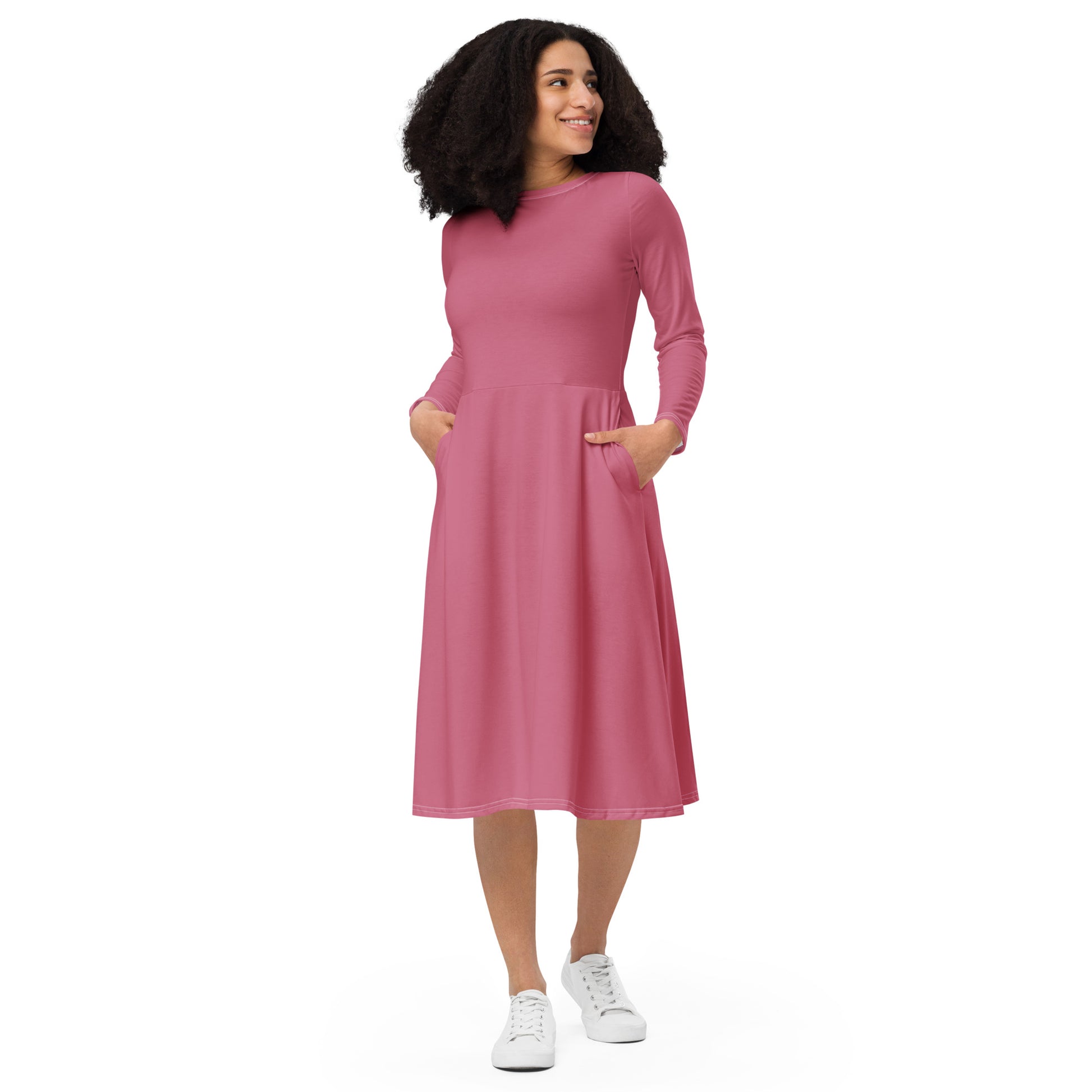 Romantic Pink-long-sleeve-midi-dress-front-1