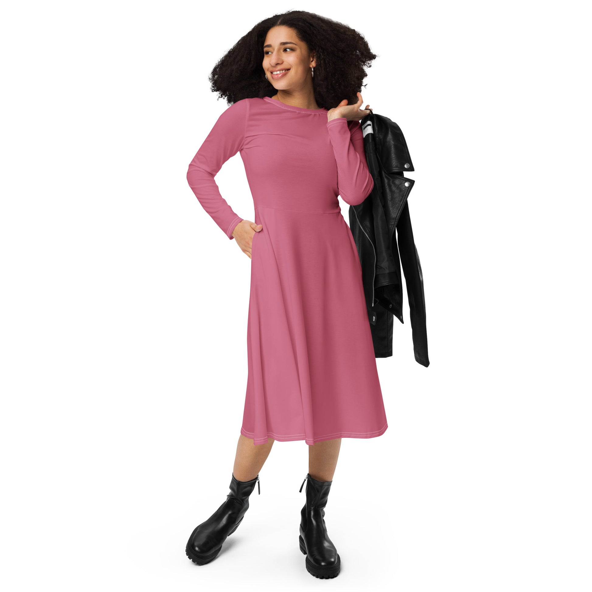 Romantic Pink-long-sleeve-midi-dress-front