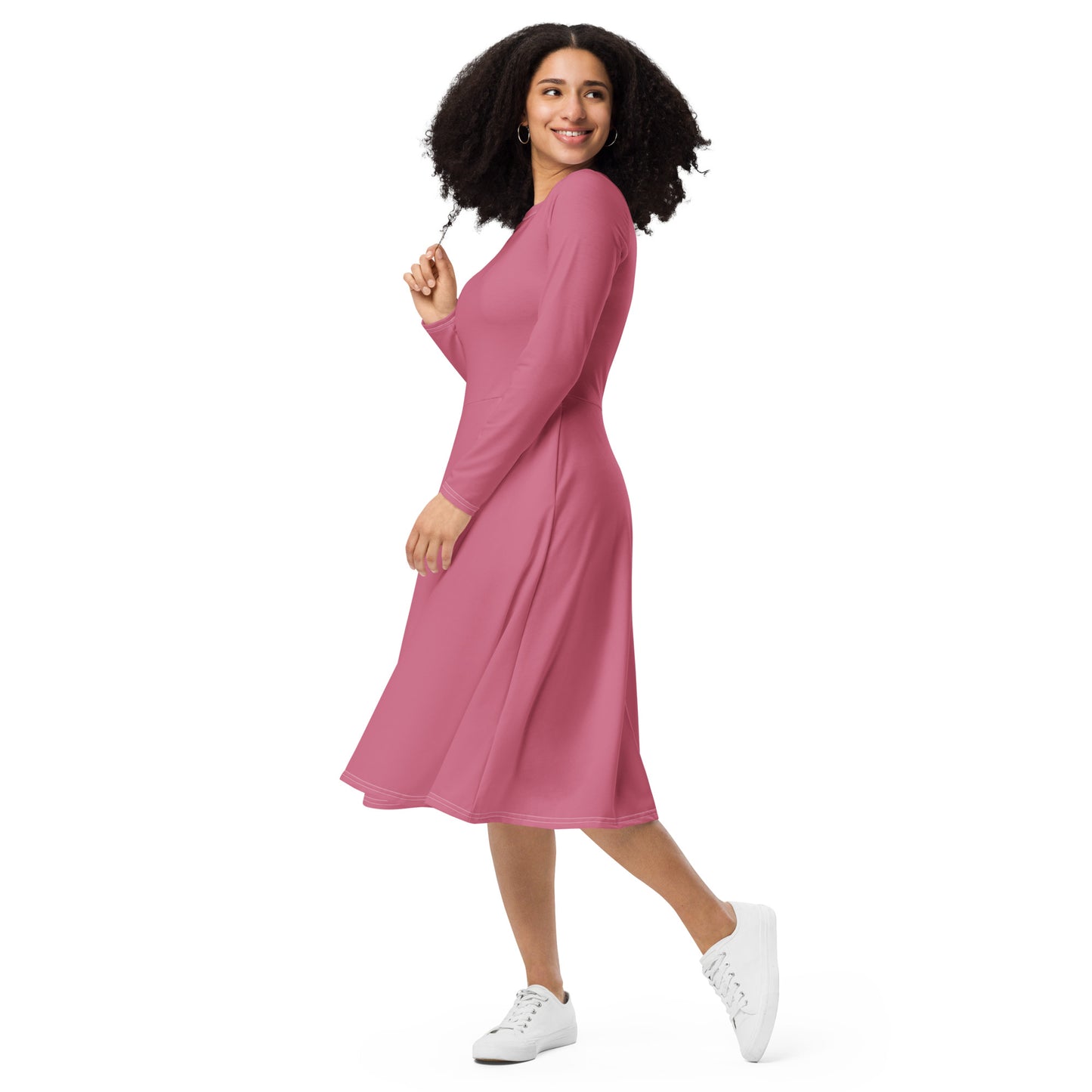 Romantic Pink-long-sleeve-midi-dress-left-front