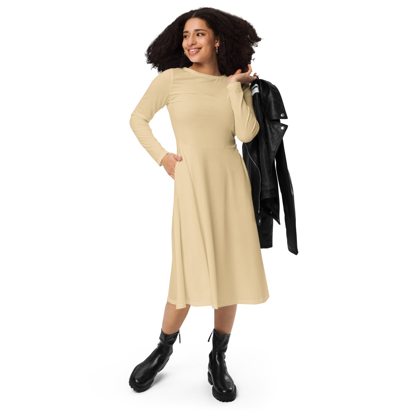 Spicy Beige-long-sleeve-midi-dress-front