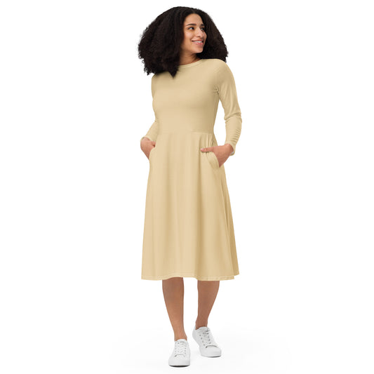 Spicy Beige-long-sleeve-midi-dress-front