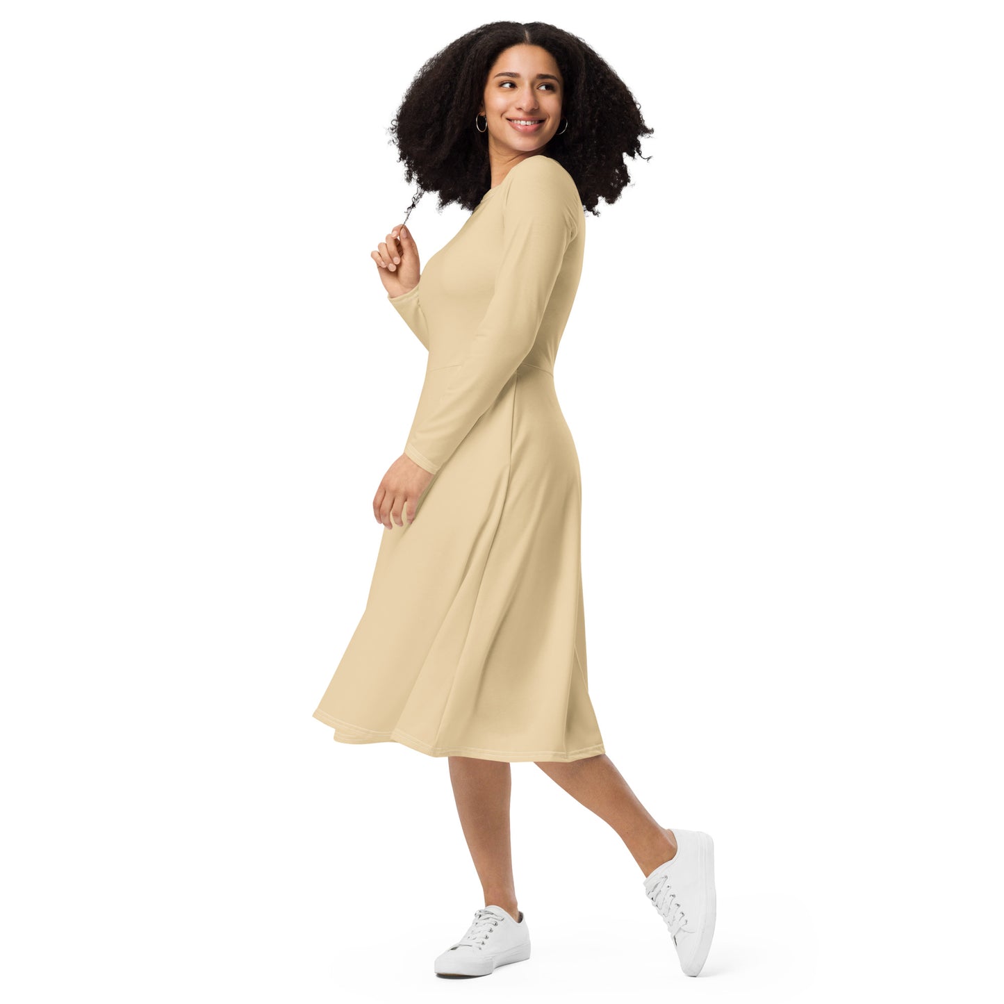 Spicy Beige-long-sleeve-midi-dress-left-front