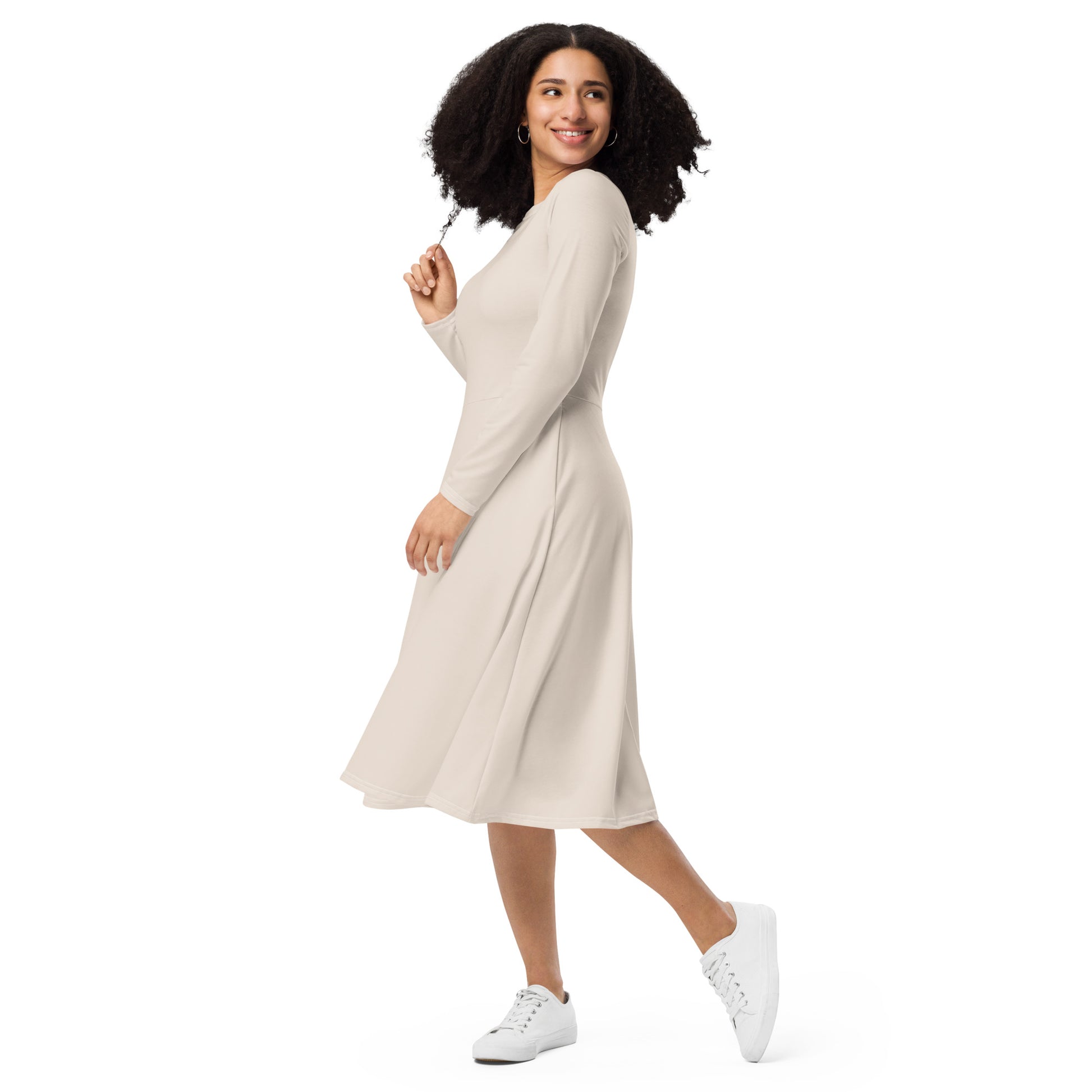 Spring beige-long-sleeve-midi-dress-left-front