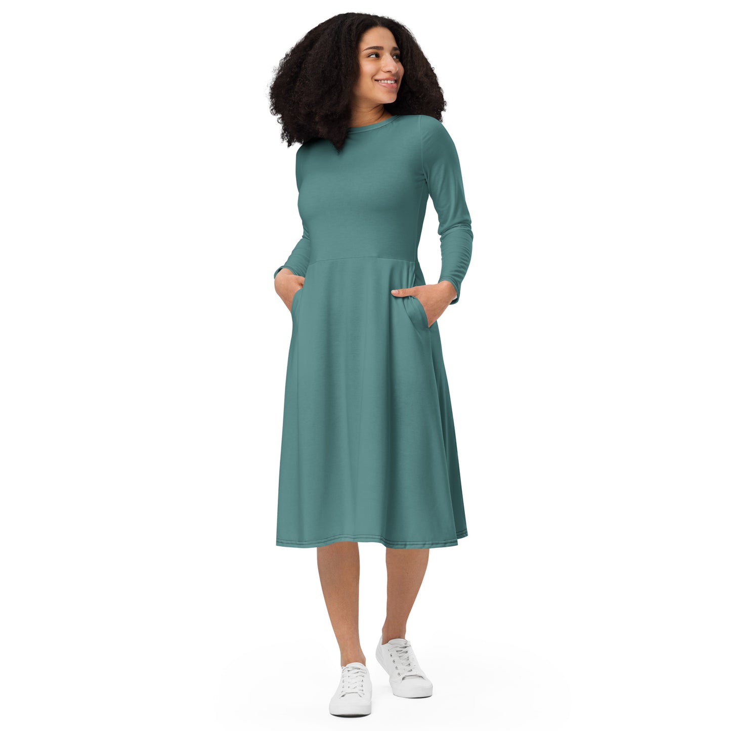 Spring blue-long-sleeve-midi-dress-front