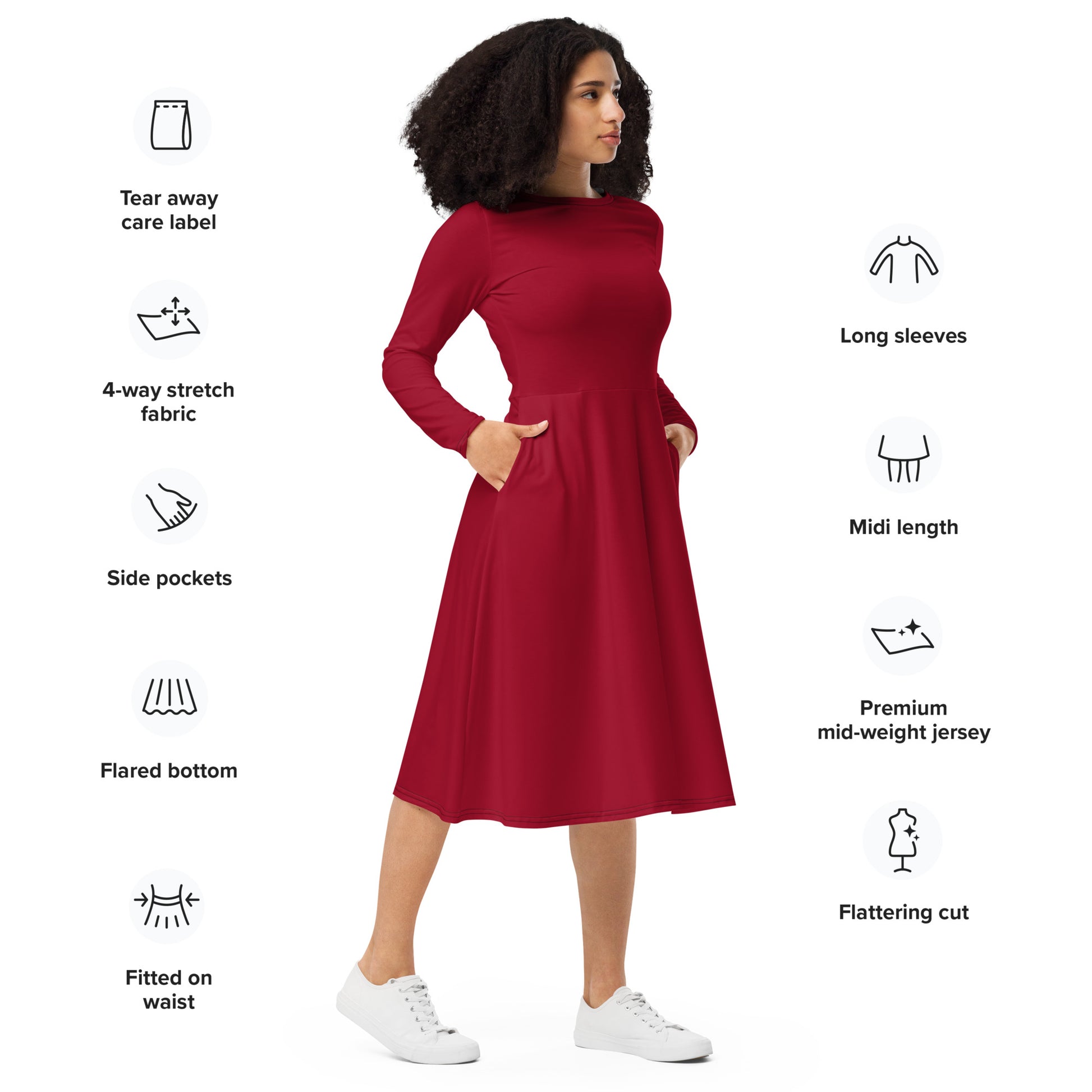 Star Red-long-sleeve-midi-dress-right-front