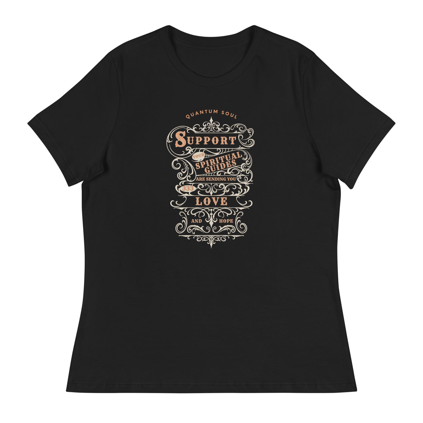 Support 333 womens-relaxed-t-shirt-black-front flat