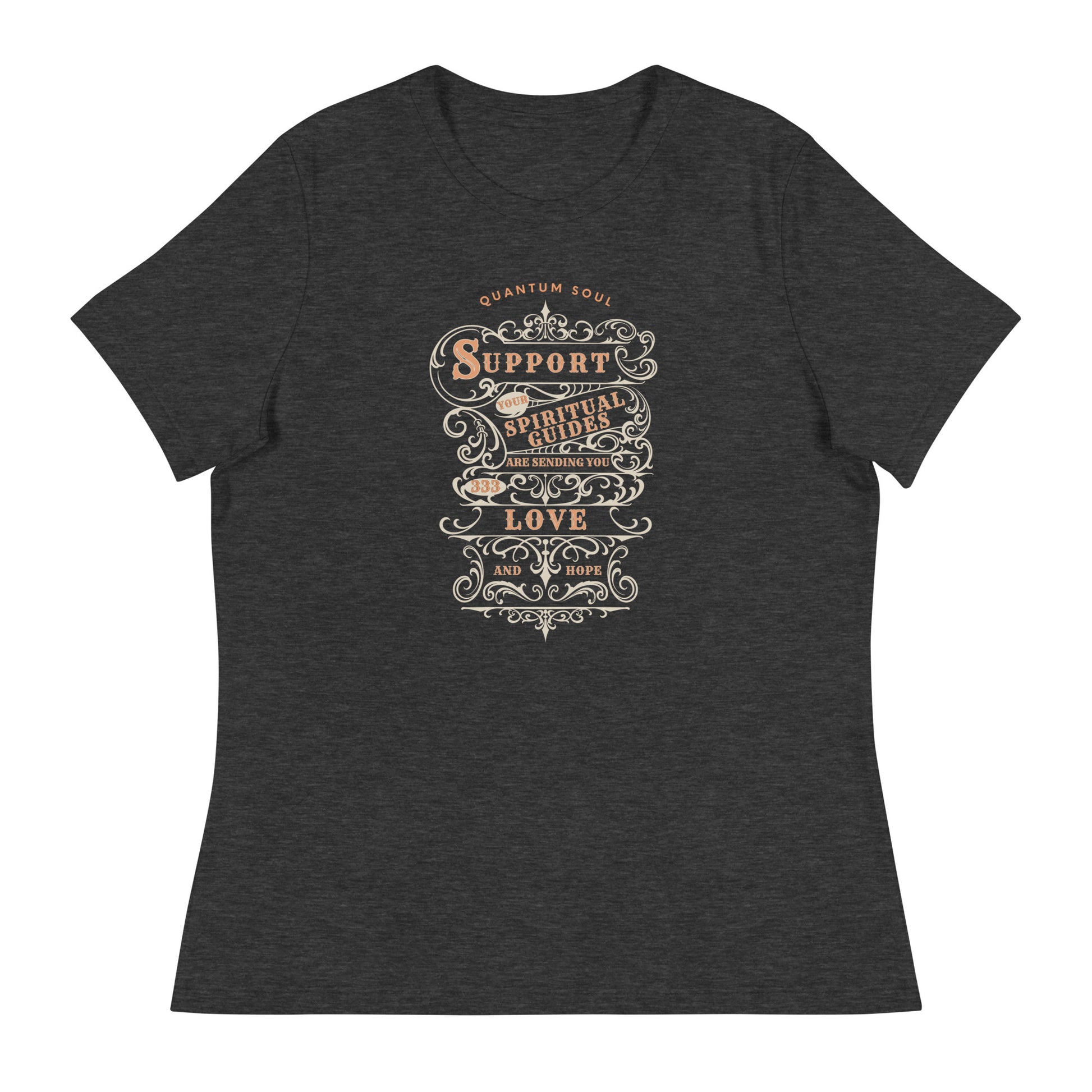 Support 333 womens-relaxed-t-shirt-dark-grey-heather-front flat