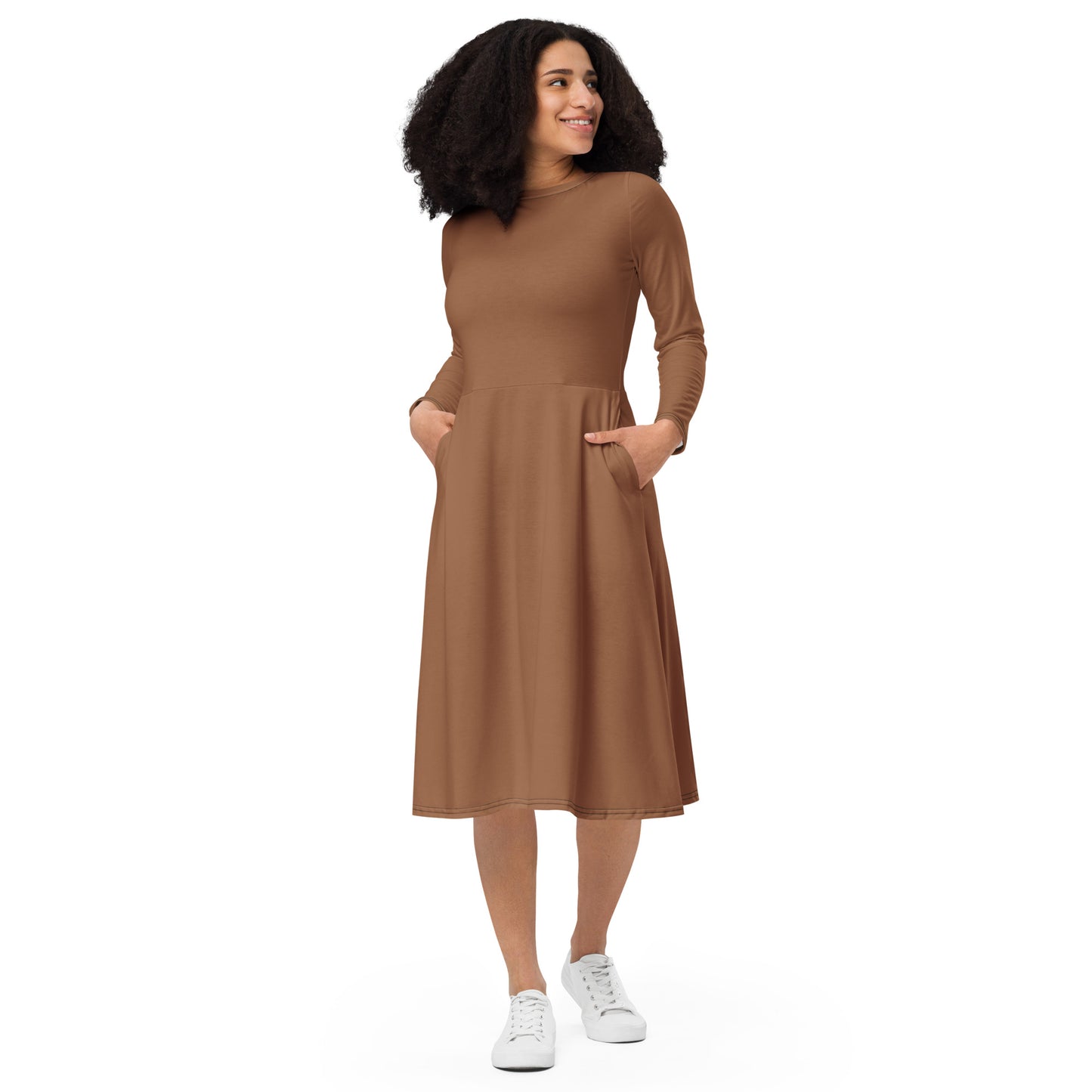 Tree Brown-long-sleeve-midi-dress-front-1