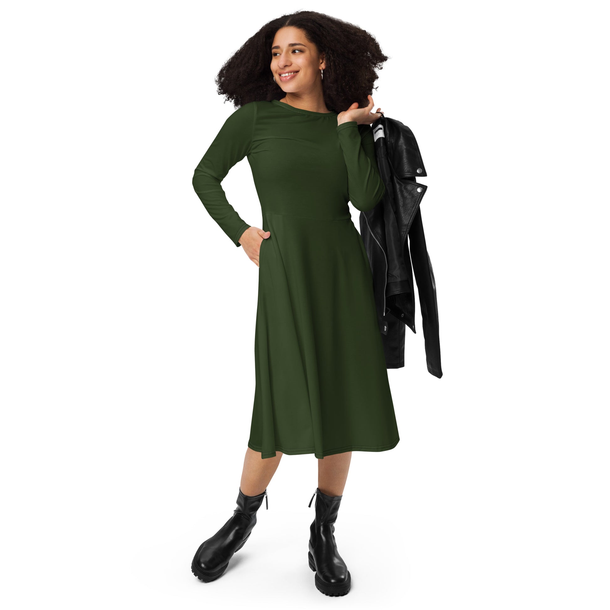 Tree Green-long-sleeve-midi-dress-front-1