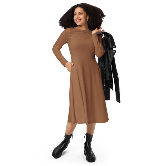 Tree brown-long-sleeve-midi-dress-front