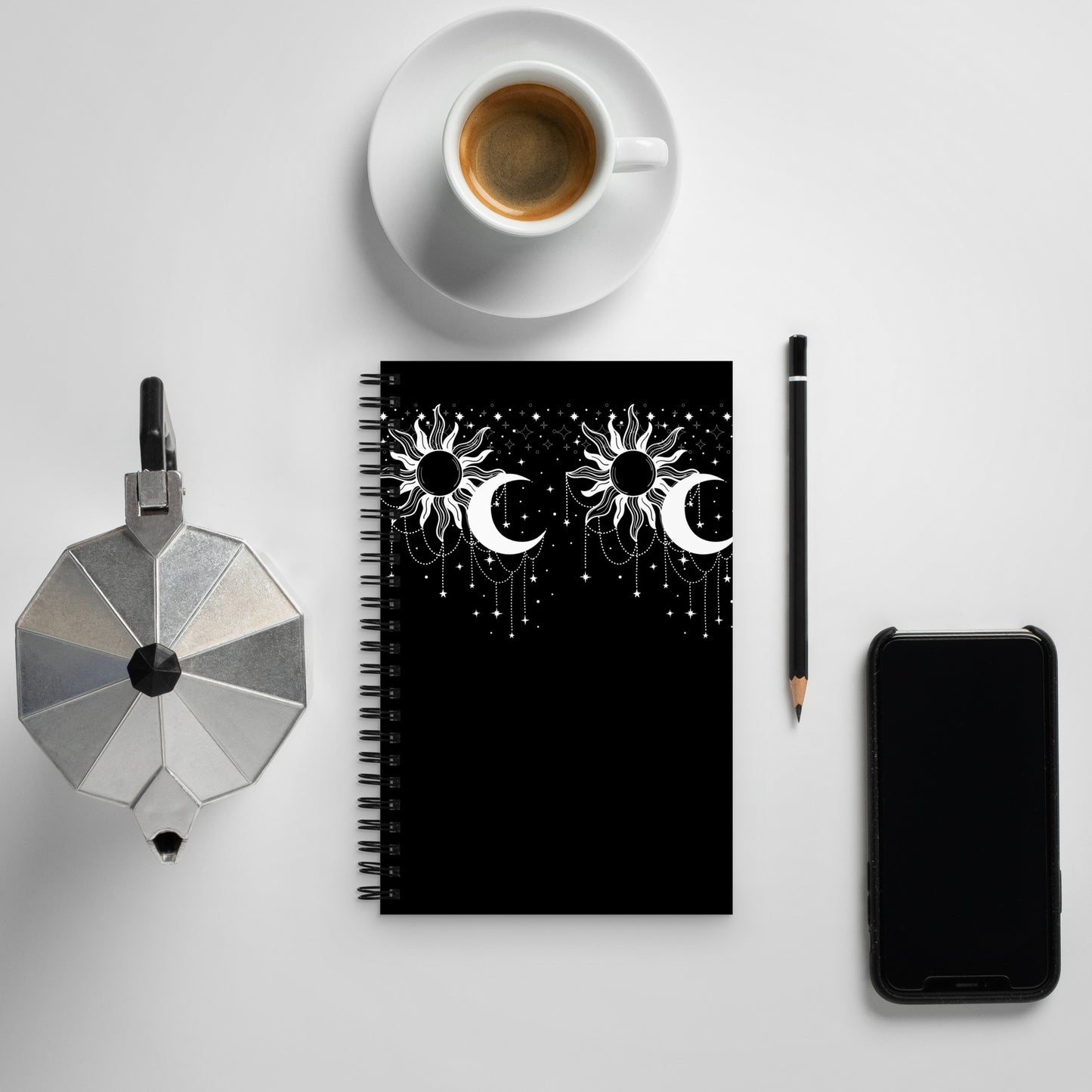 White Black Sun Moon Soft Touch Notebook