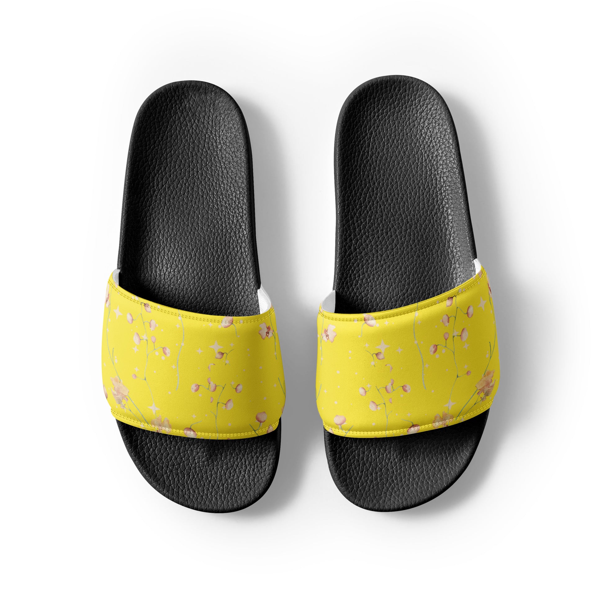 Yellow Botanical Flower womens-slides-sandals black-front-2