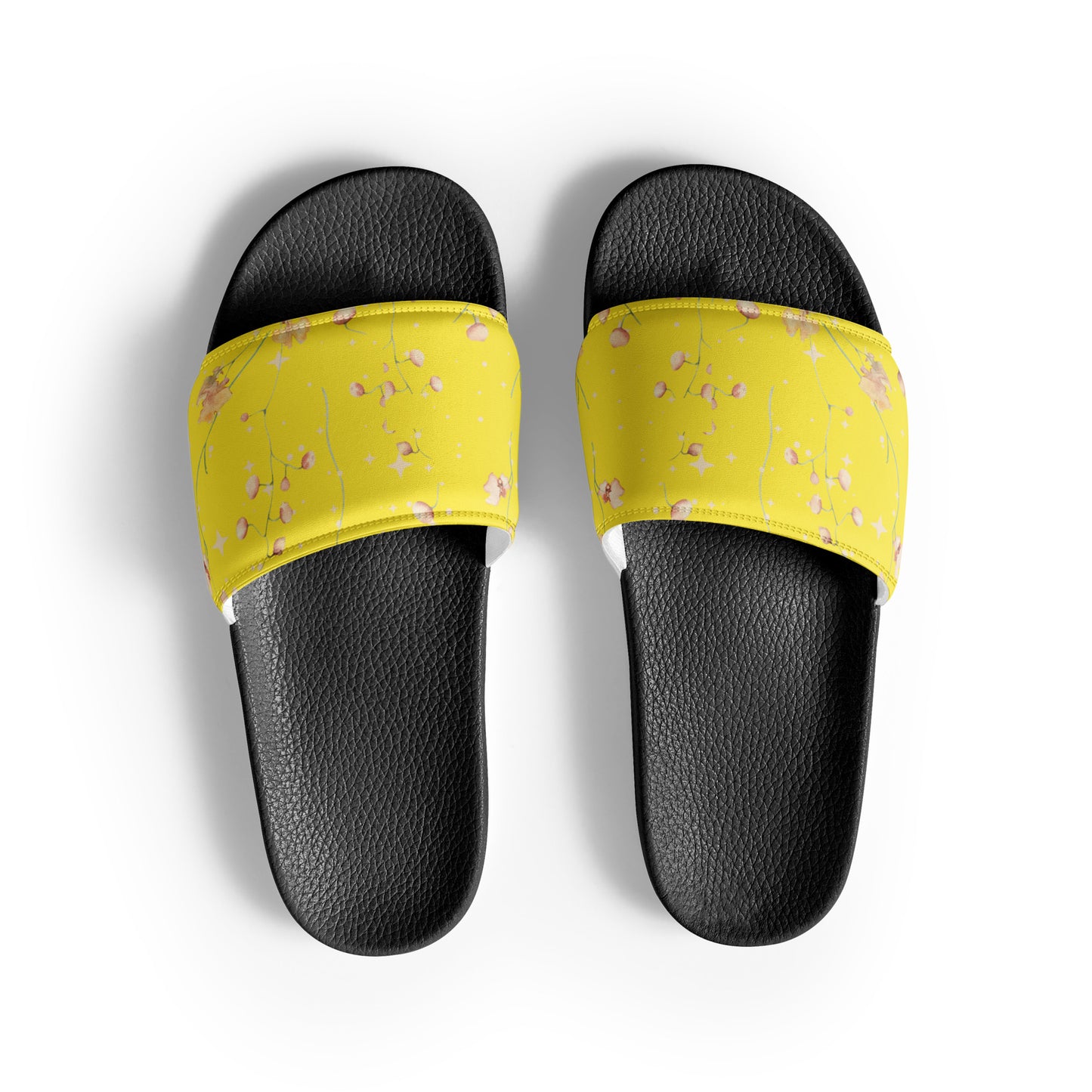 Yellow Botanical Flower womens-slides-sandals black-front