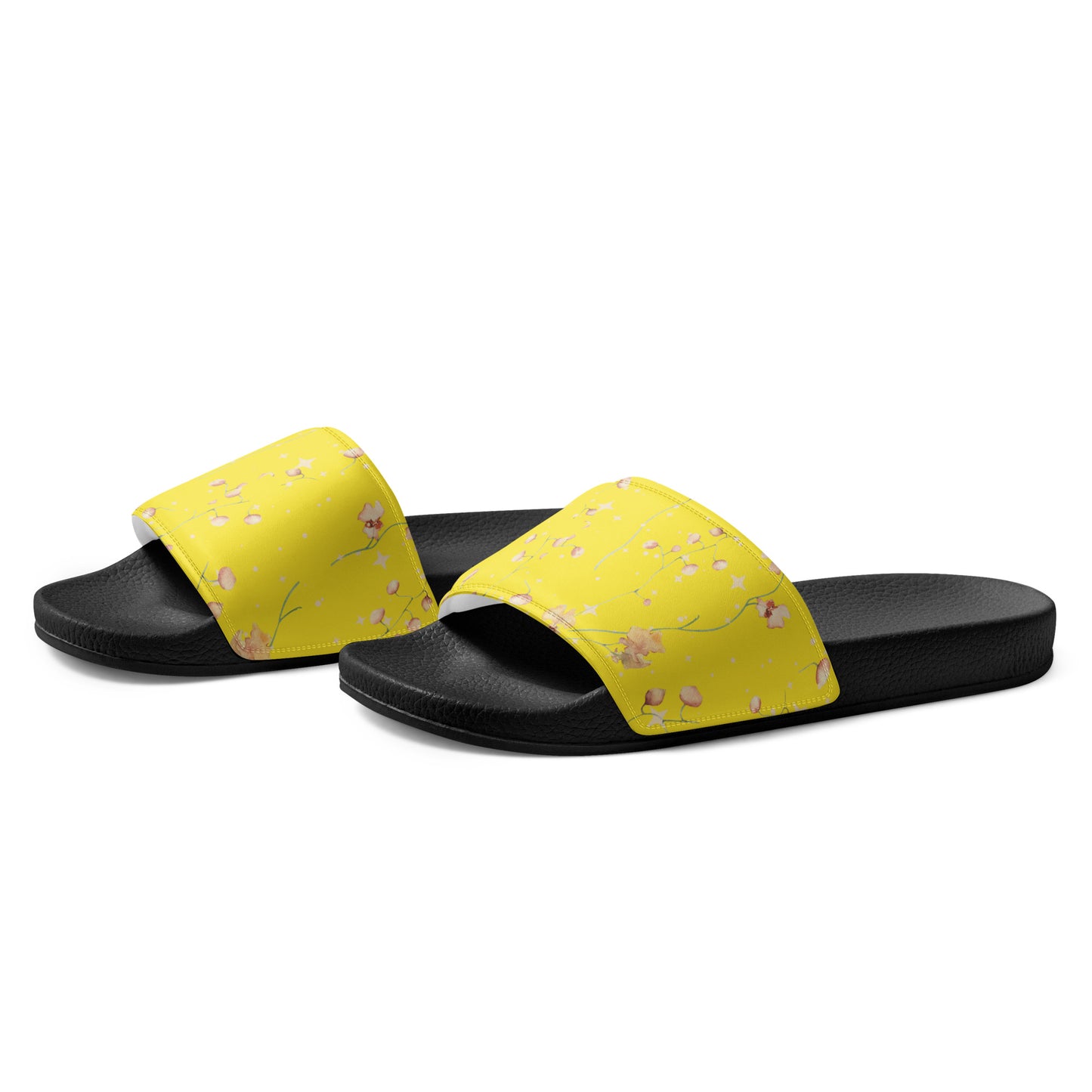 Yellow Botanical Flower womens-slides-sandals black-left-front