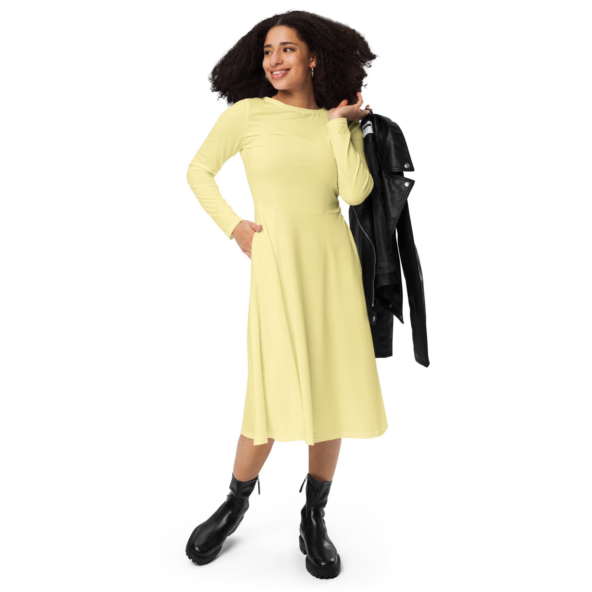 Yellow Glow-long-sleeve-midi-dress-front-1