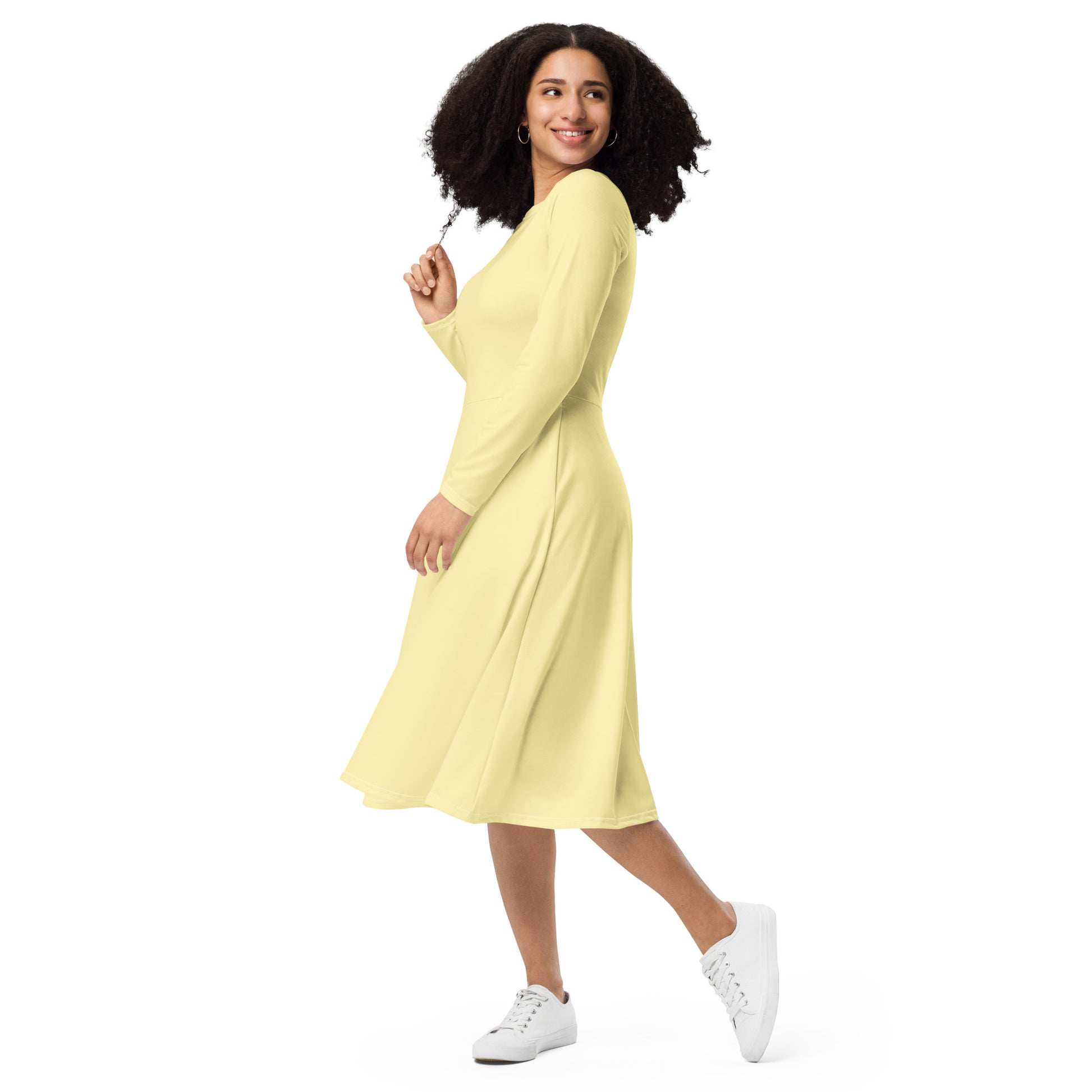 Yellow Glow-long-sleeve-midi-dress-left-front