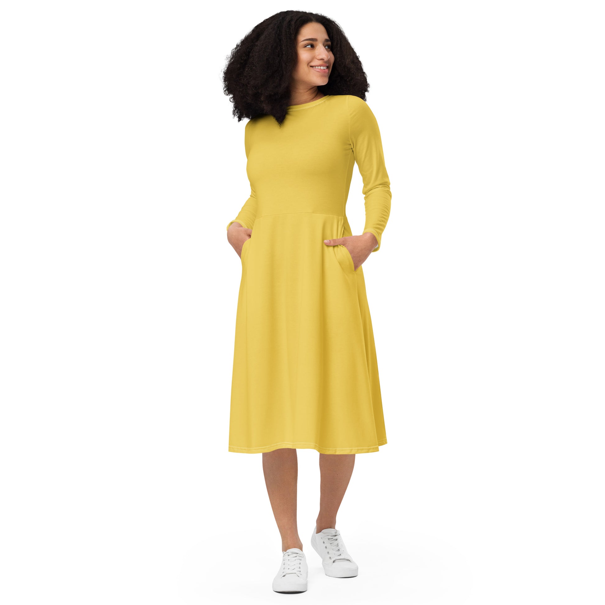 Yellow Star-long-sleeve-midi-dress-front