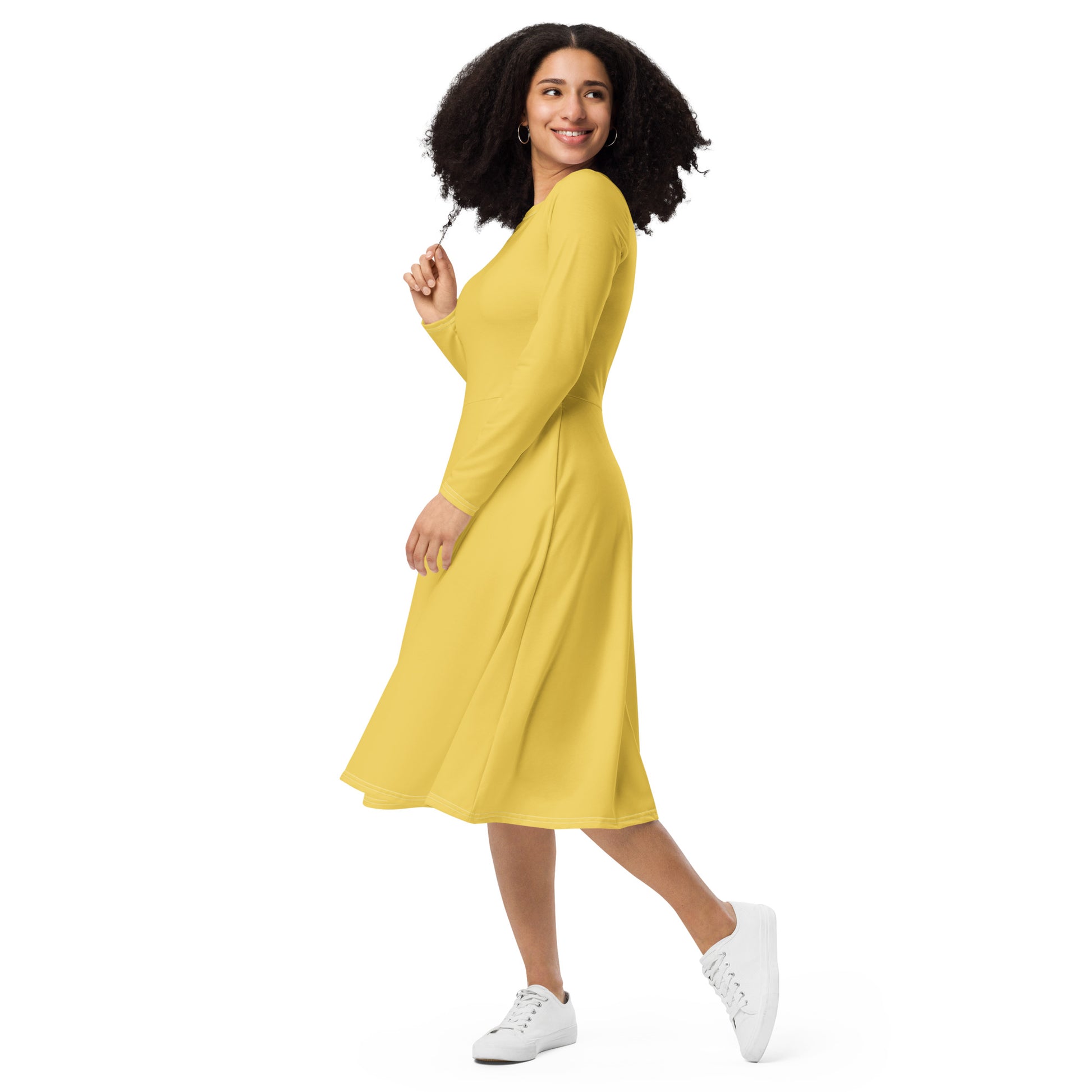 Yellow Star-long-sleeve-midi-dress-left-front