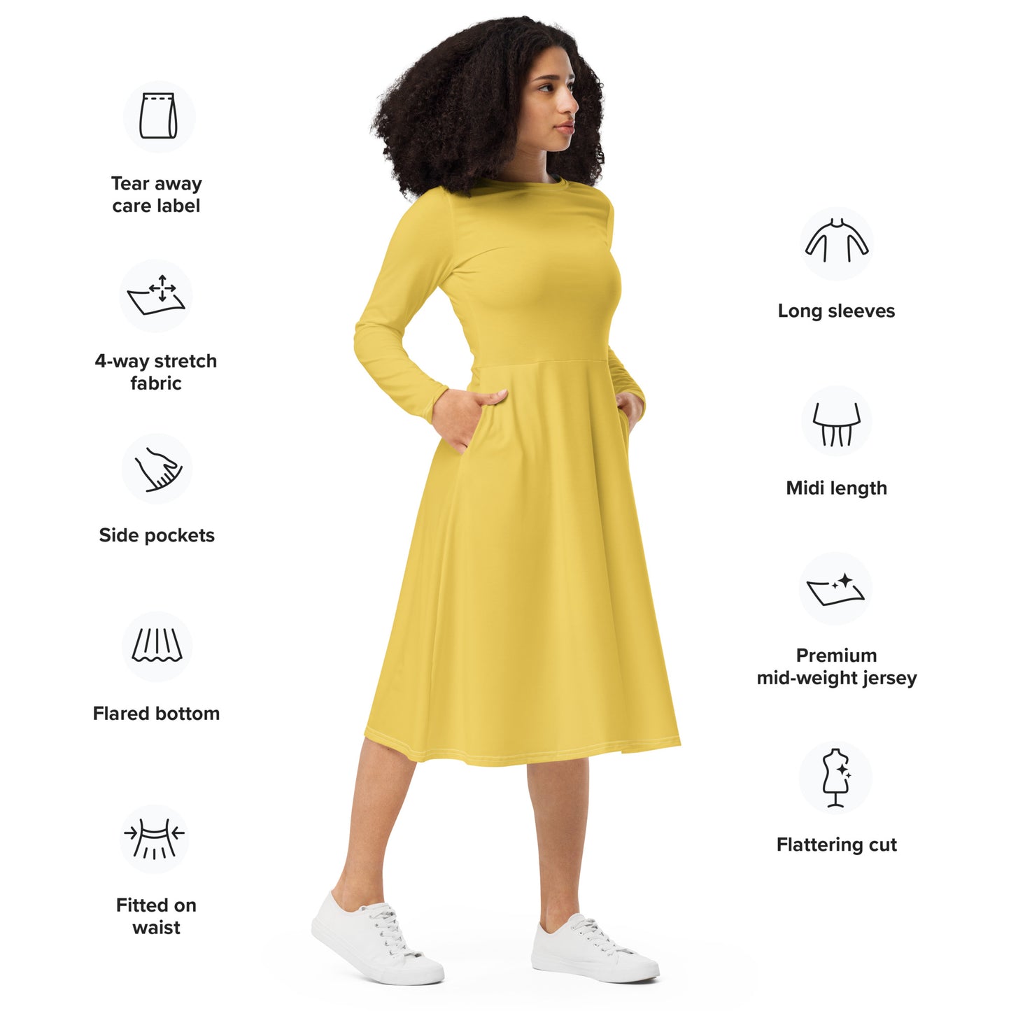 Yellow Star-long-sleeve-midi-dress-right-front