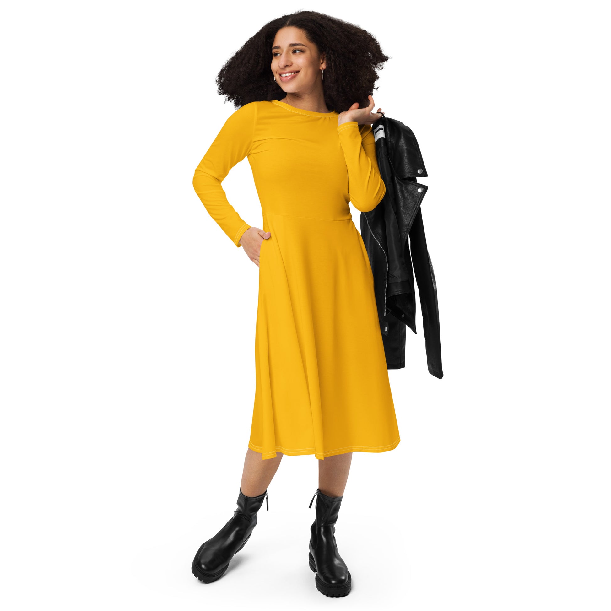 Yellow Sun-long-sleeve-midi-dress-front-1