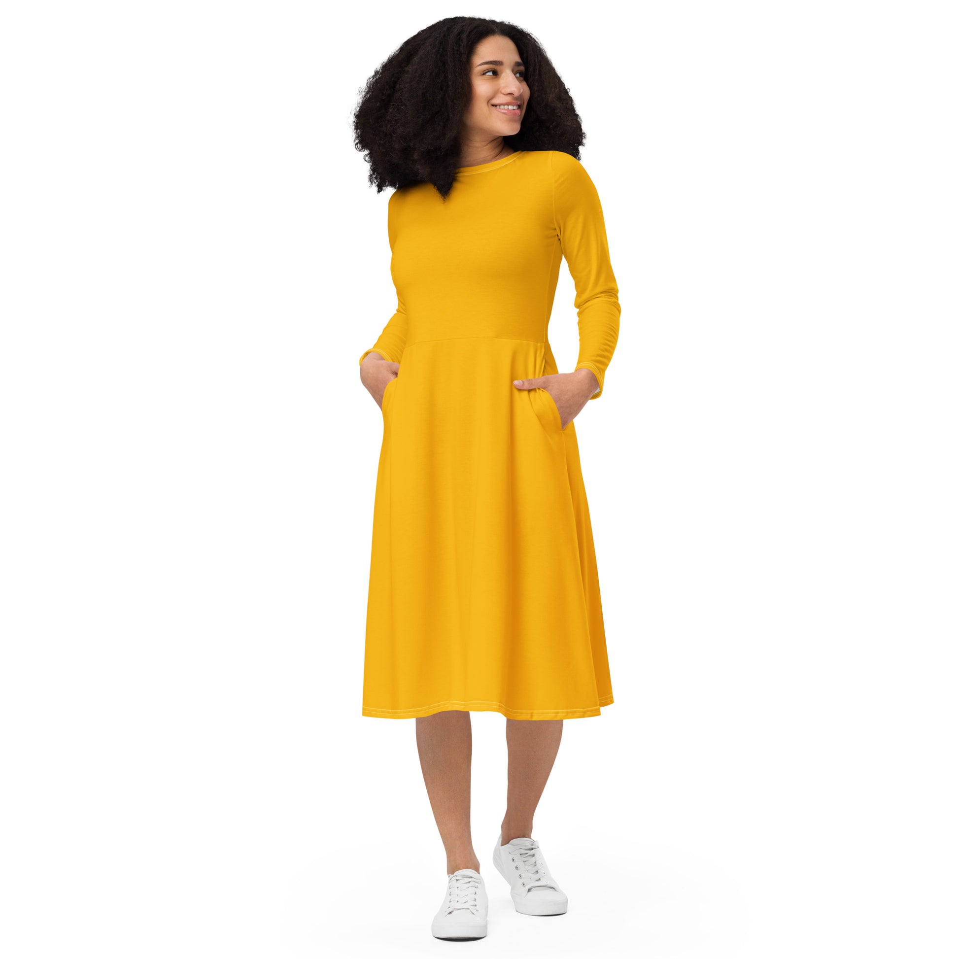 Yellow Sun-long-sleeve-midi-dress-front