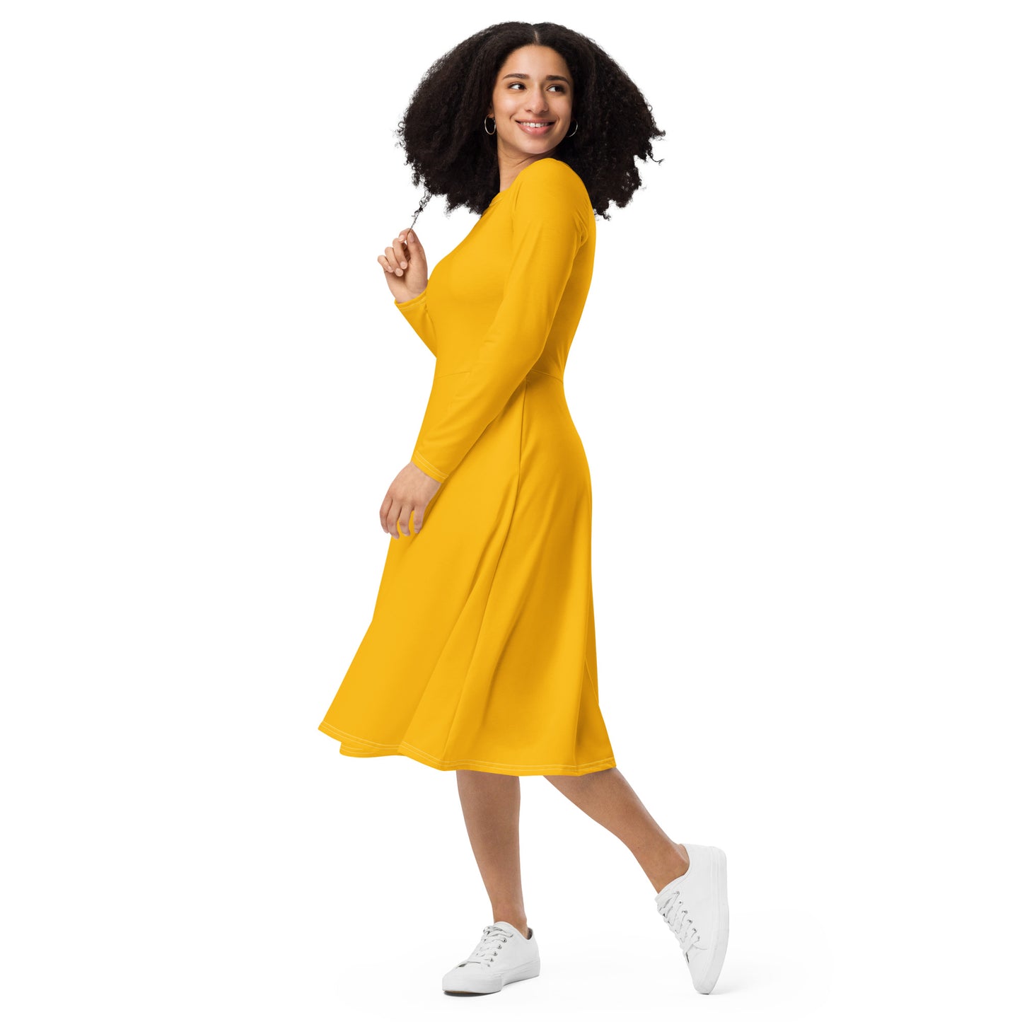 Yellow Sun-long-sleeve-midi-dress-left-front