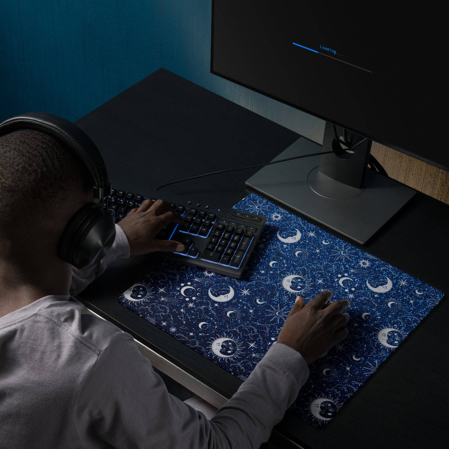 Blue Silver Glitter Moon Gaming Mouse Pad