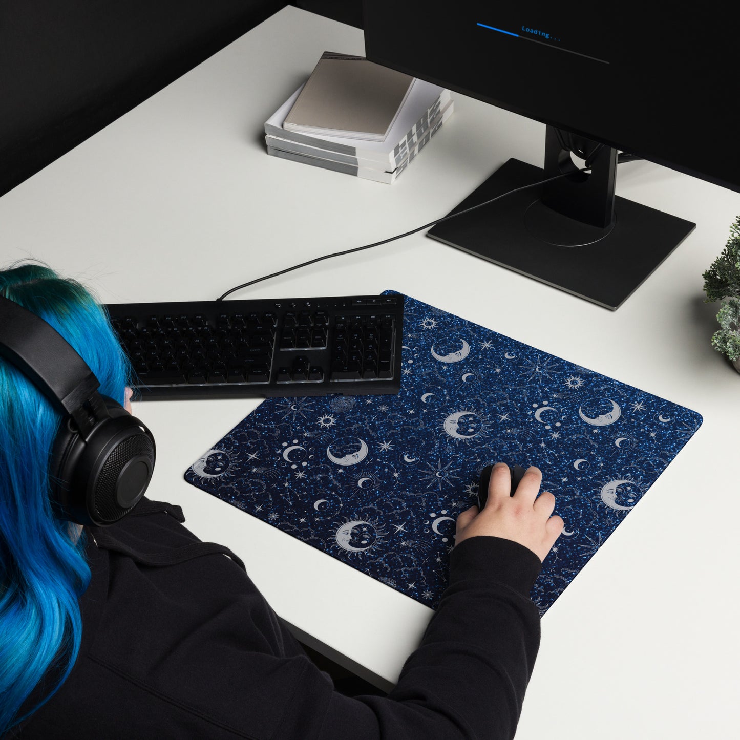 Blue Silver Glitter Moon Gaming Mouse Pad