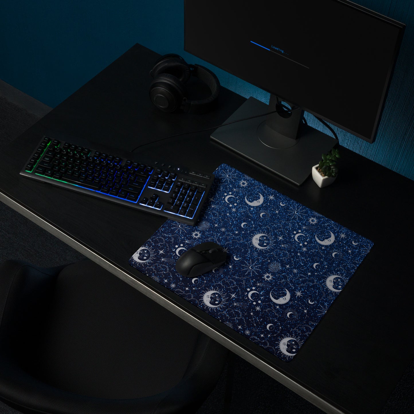 Blue Silver Glitter Moon Gaming Mouse Pad