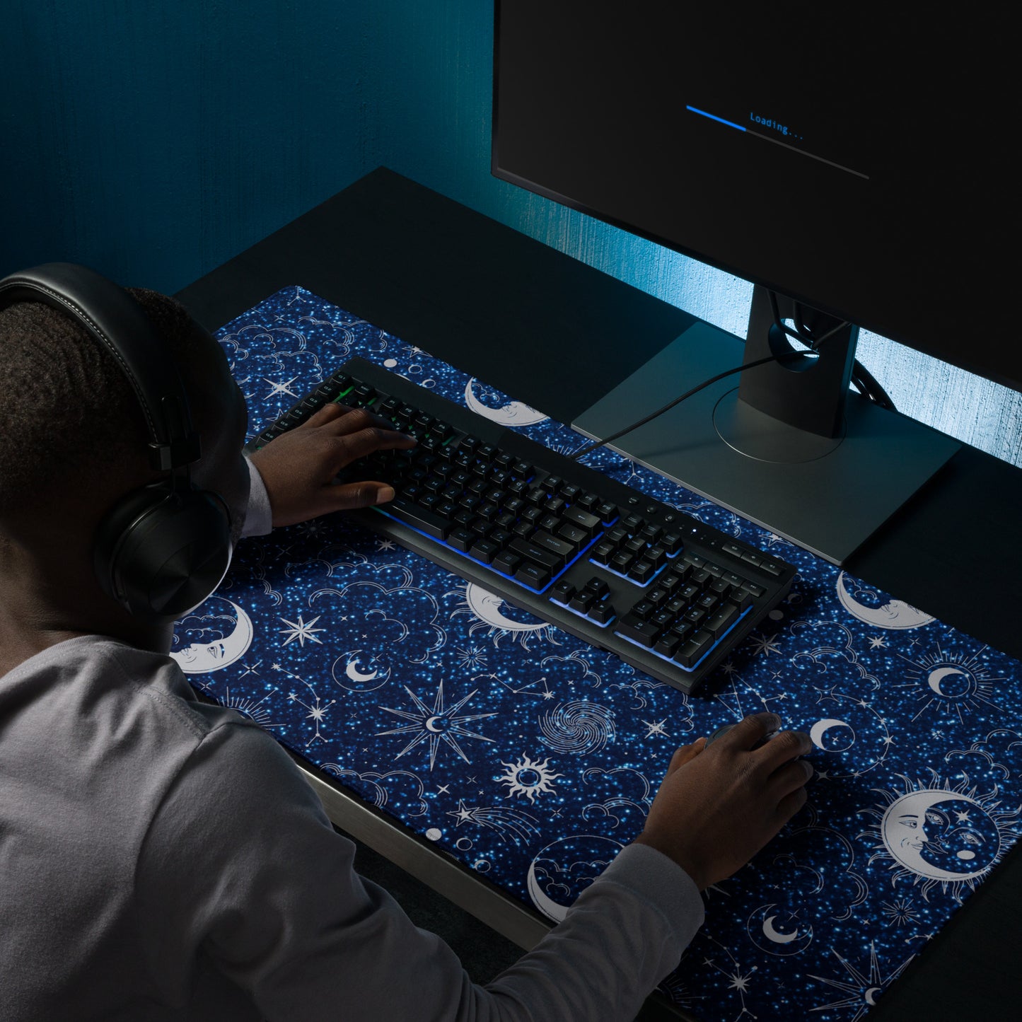 Blue Silver Glitter Moon Gaming Mouse Pad