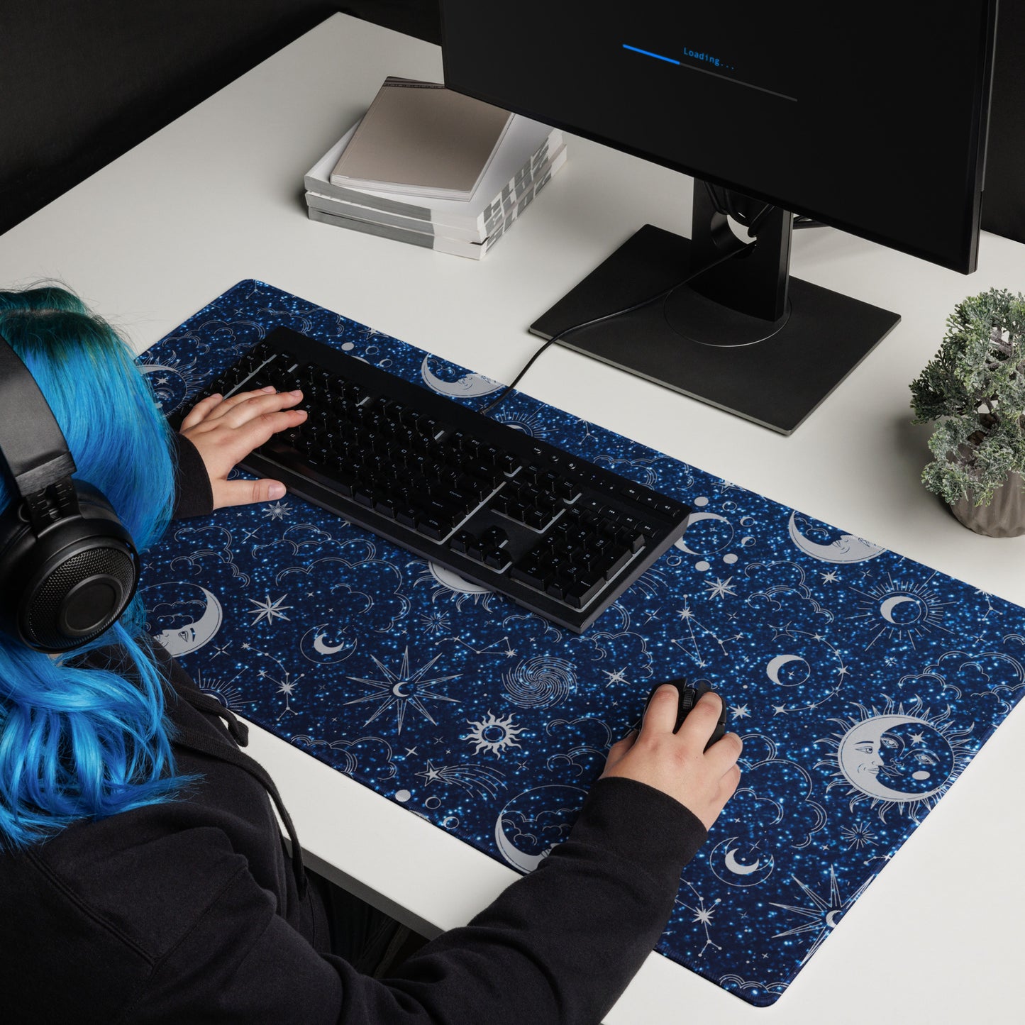 Blue Silver Glitter Moon Gaming Mouse Pad