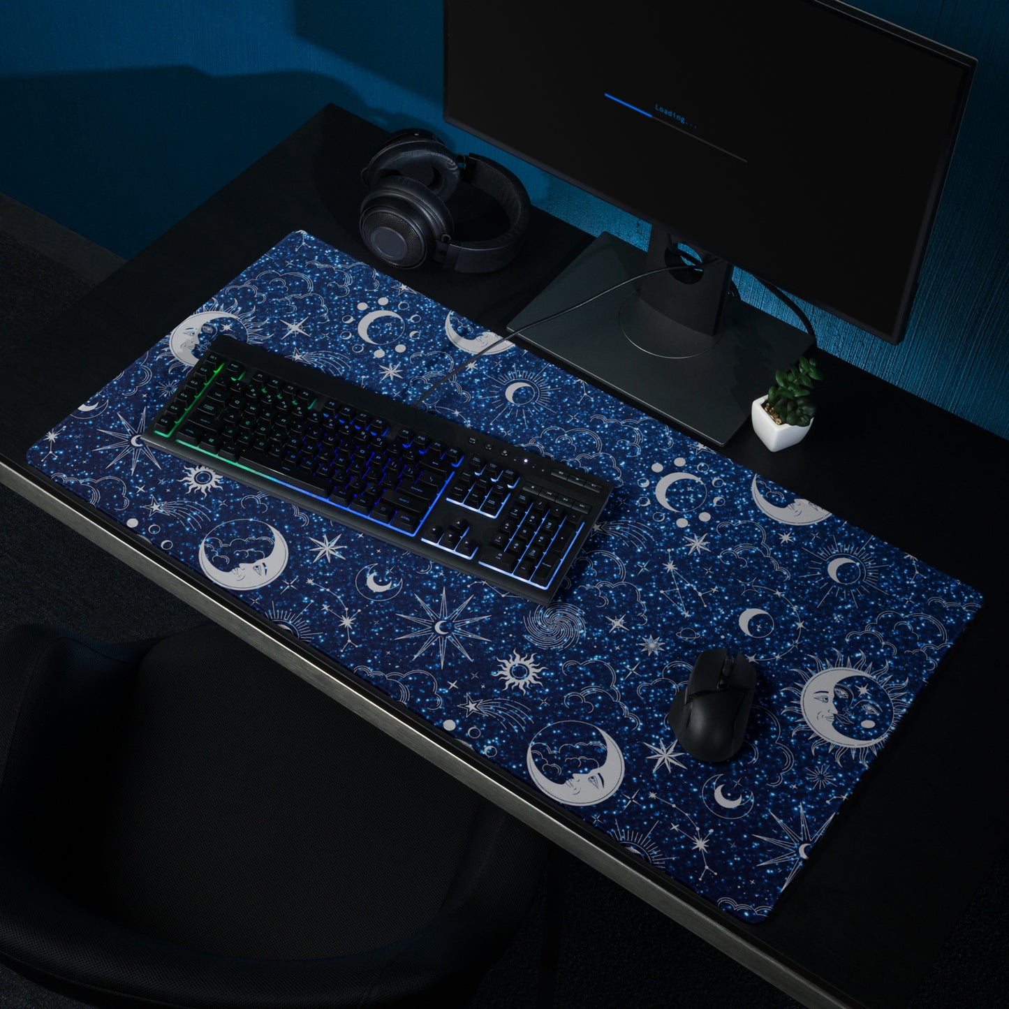 Blue Silver Glitter Moon Gaming Mouse Pad