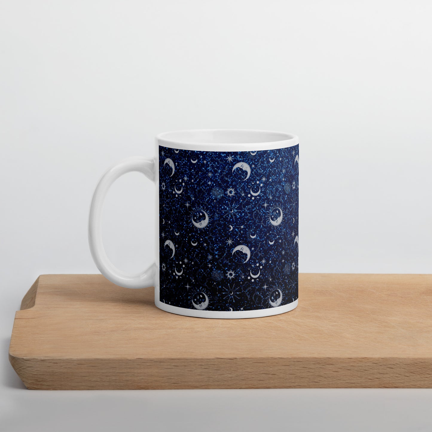 Blue Silver Glitter Moon White Glossy Mug