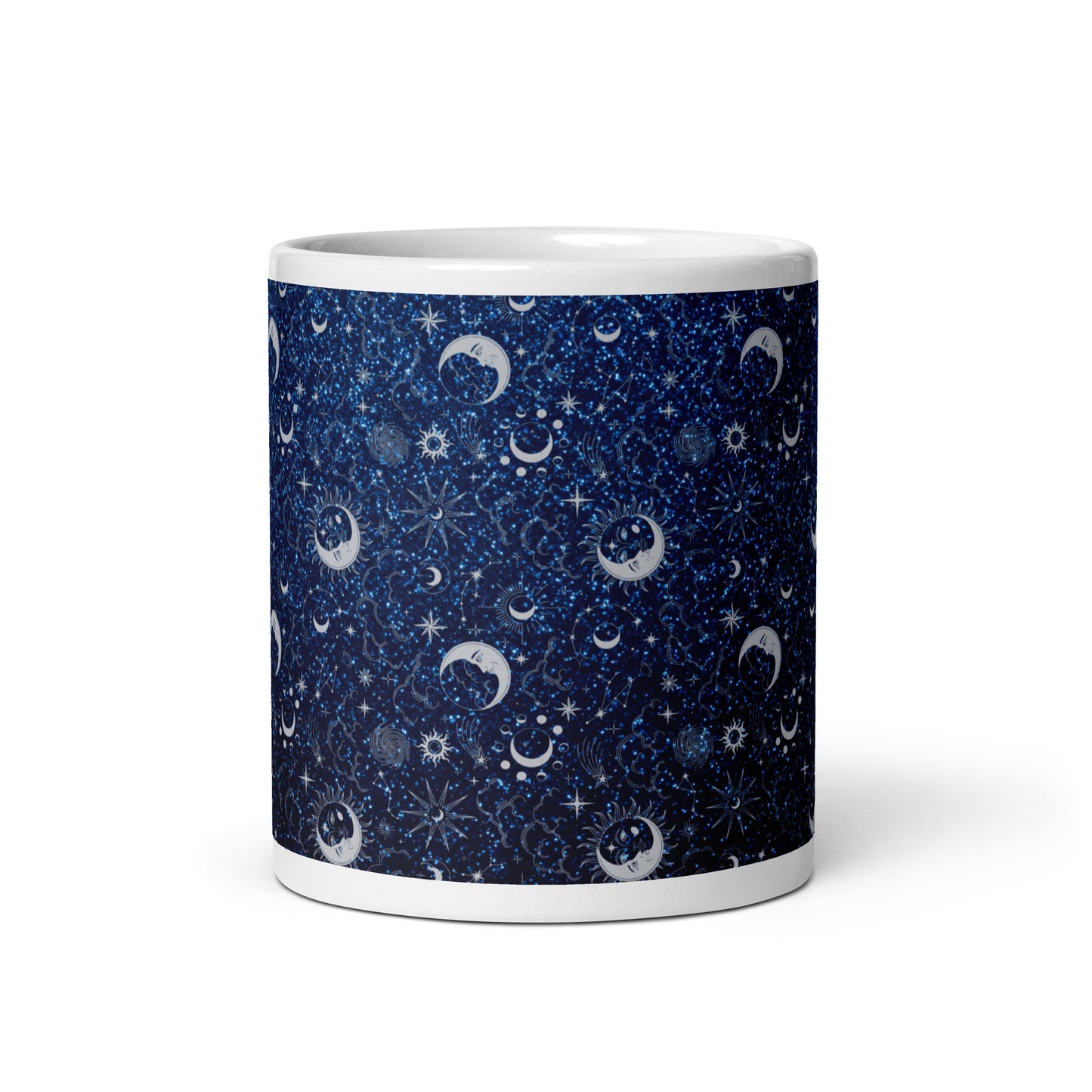 Blue Silver Glitter Moon White Glossy Mug