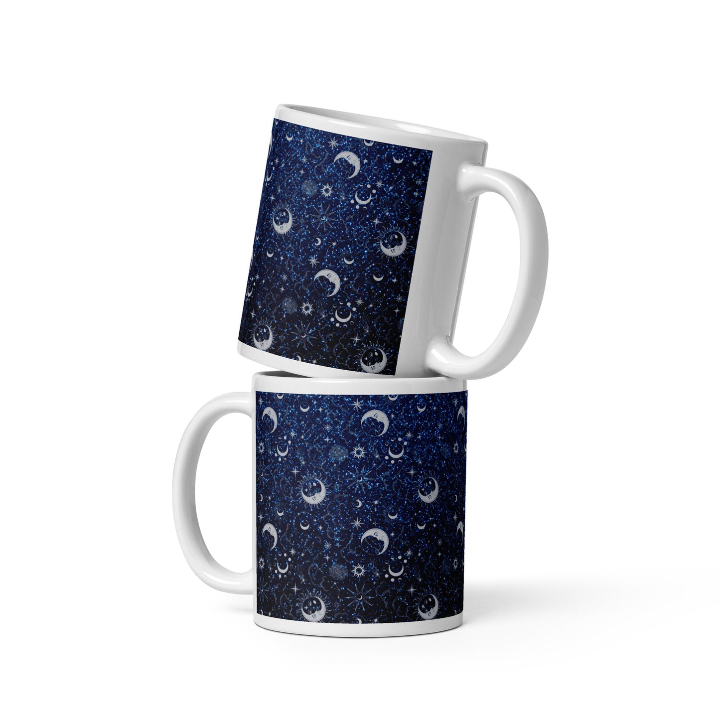 Blue Silver Glitter Moon White Glossy Mug