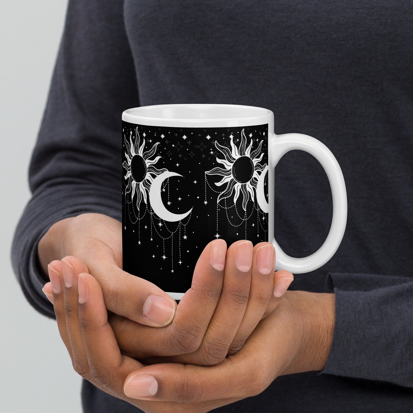 White Black Sun Moon White Glossy Mug