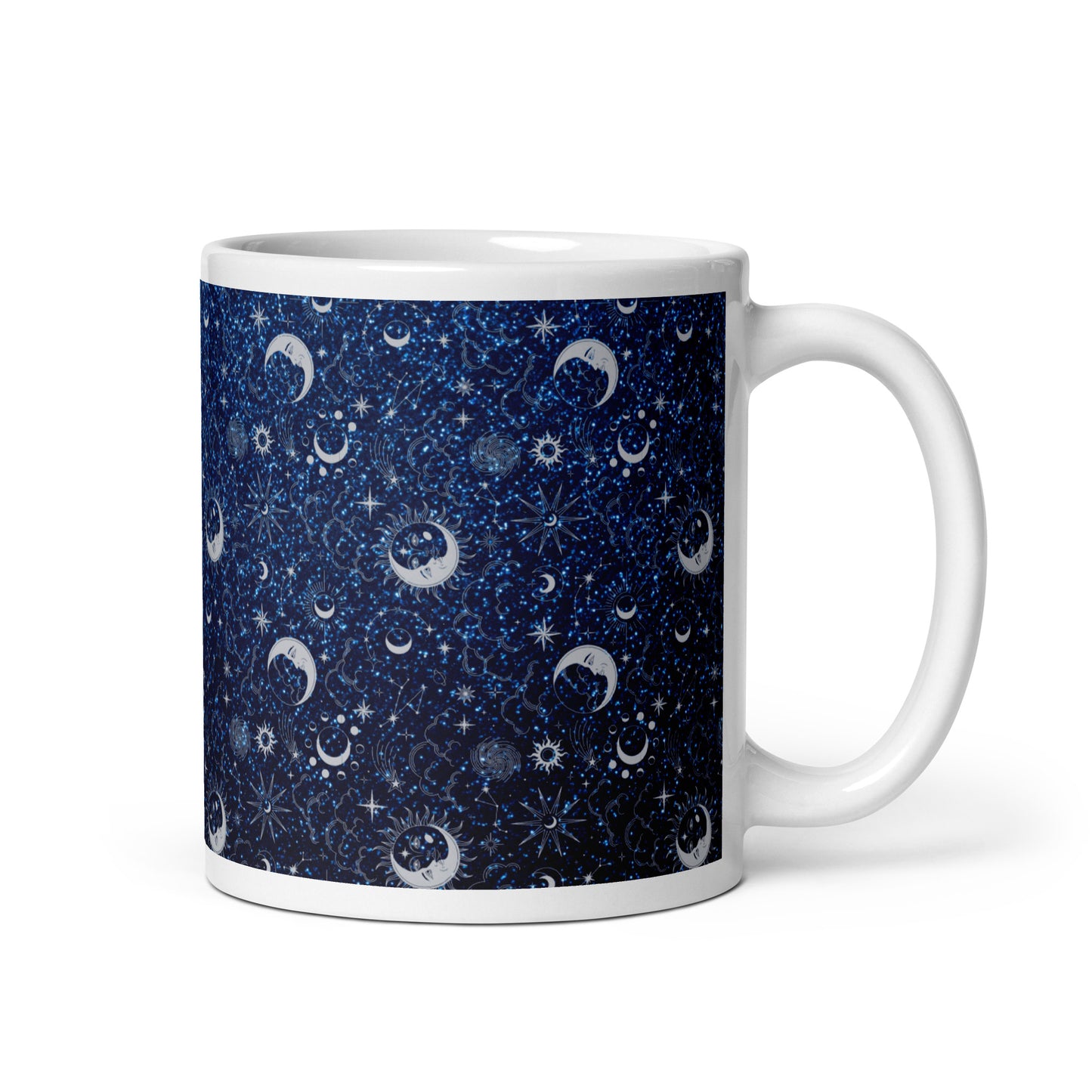 Blue Silver Glitter Moon White Glossy Mug