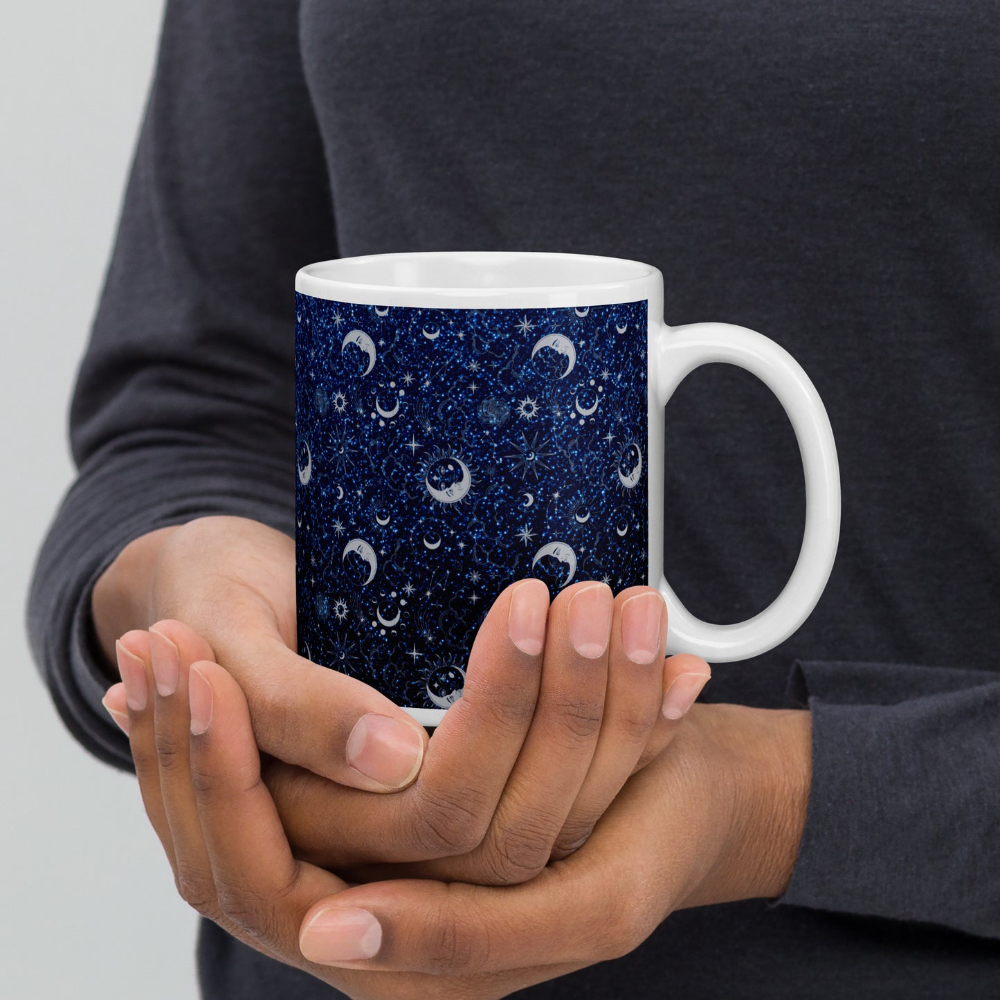 Blue Silver Glitter Moon White Glossy Mug