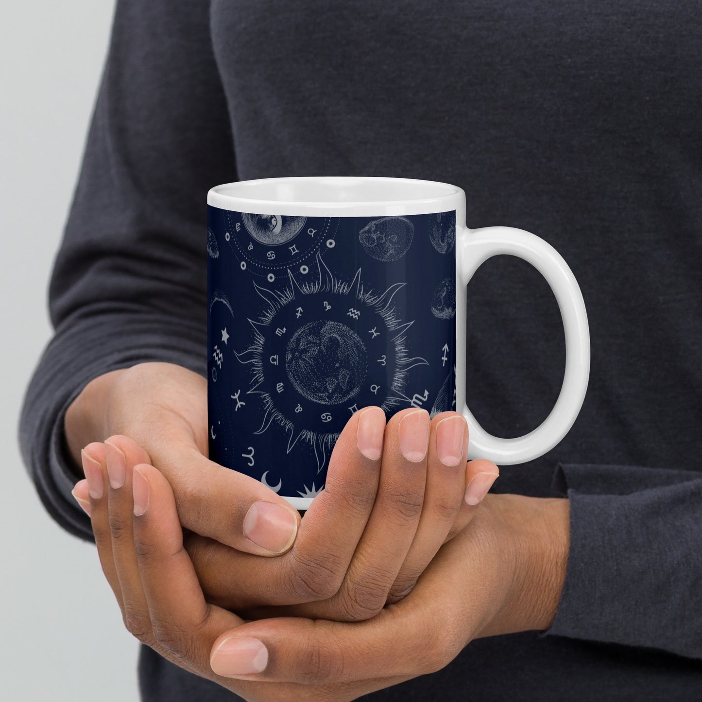 Navy Blue Moon Zodiac White Glossy Mug