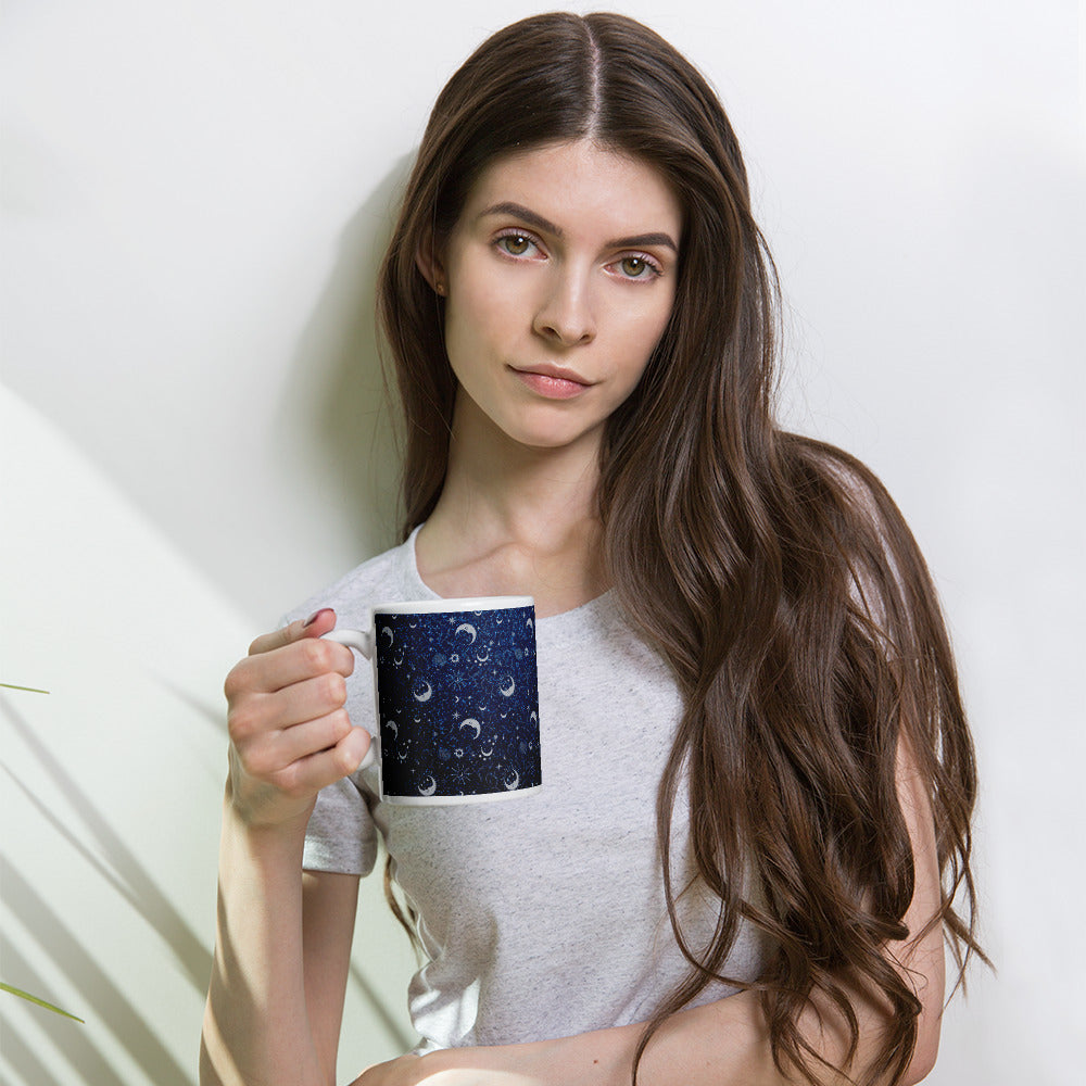 Blue Silver Glitter Moon White Glossy Mug