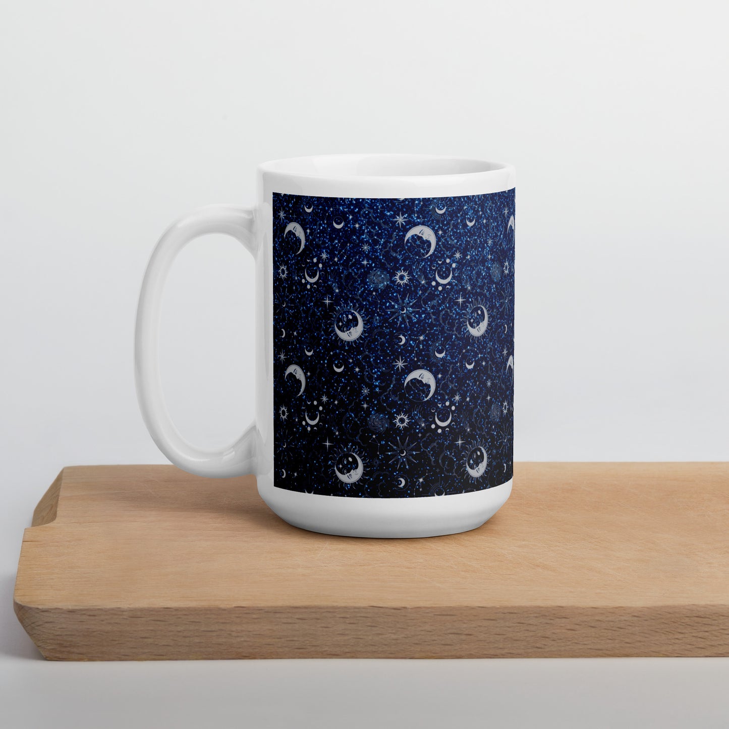 Blue Silver Glitter Moon White Glossy Mug