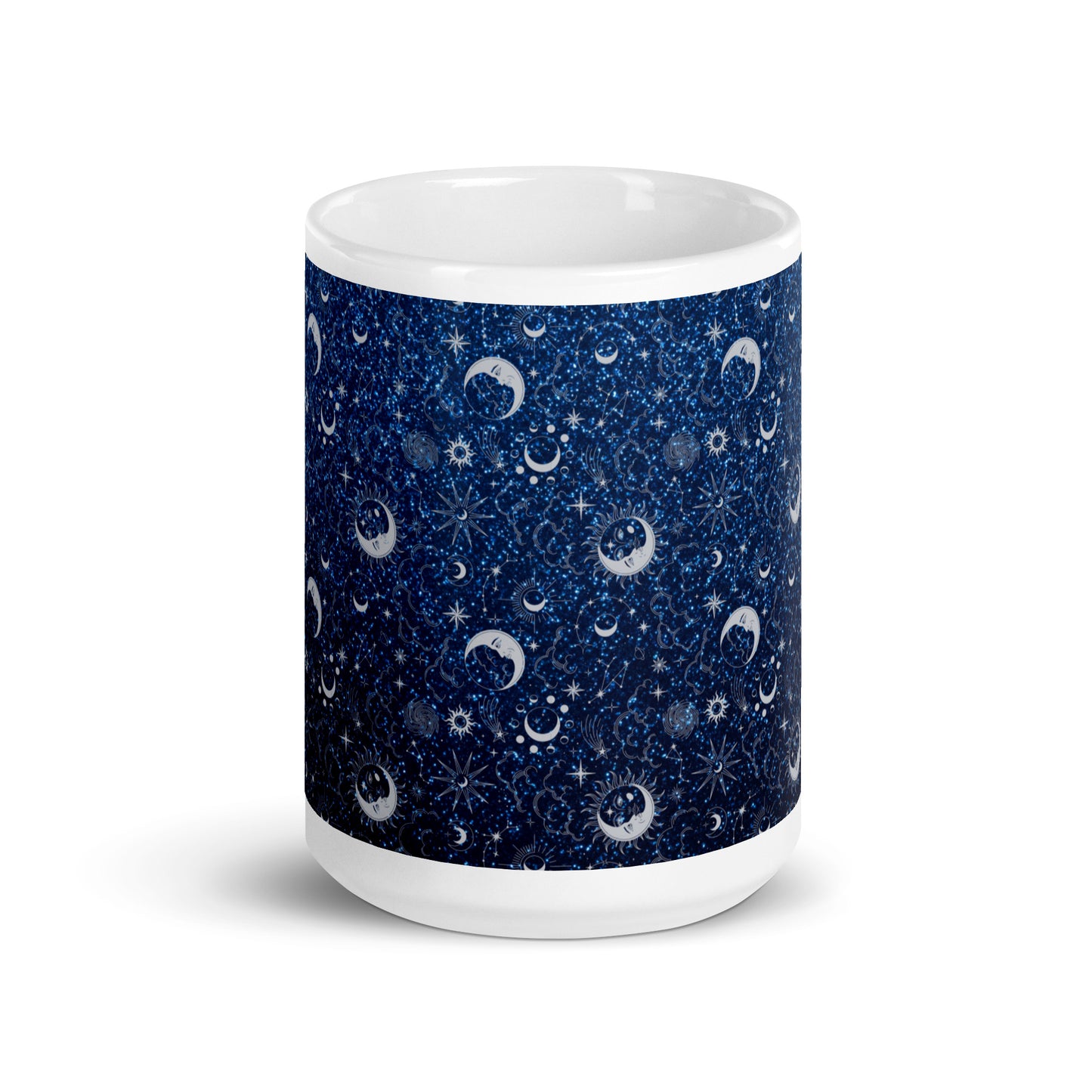 Blue Silver Glitter Moon White Glossy Mug