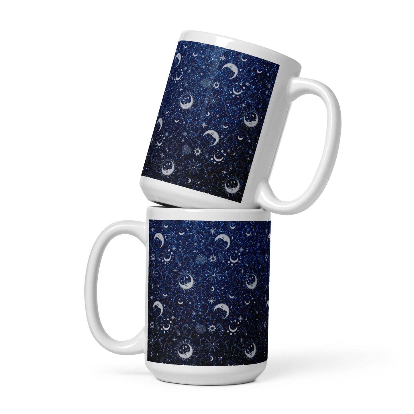 Blue Silver Glitter Moon White Glossy Mug