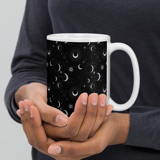 Silver Black Moon White Glossy Mug