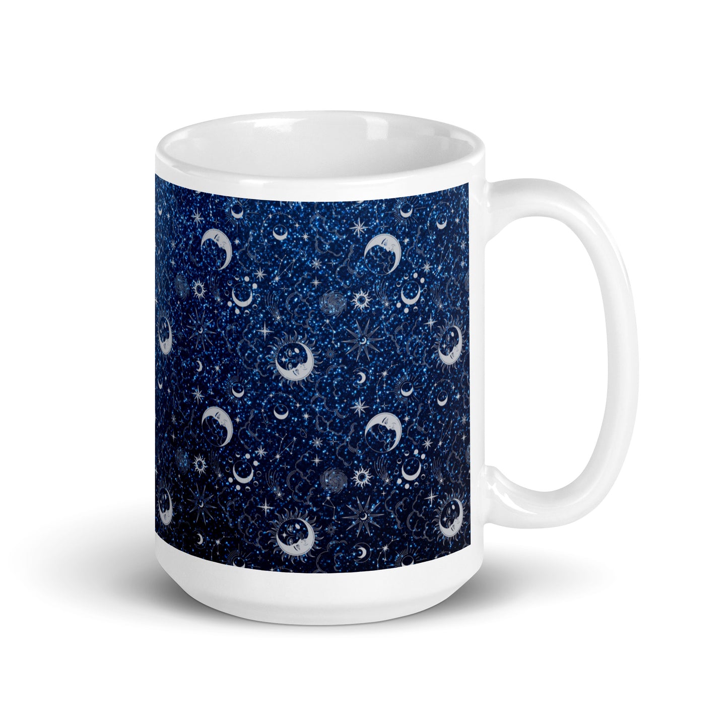 Blue Silver Glitter Moon White Glossy Mug