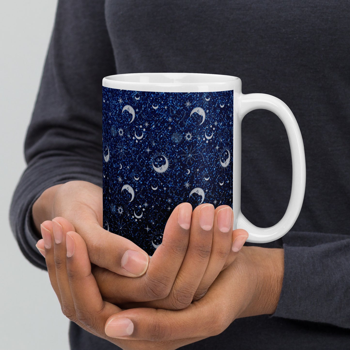 Blue Silver Glitter Moon White Glossy Mug