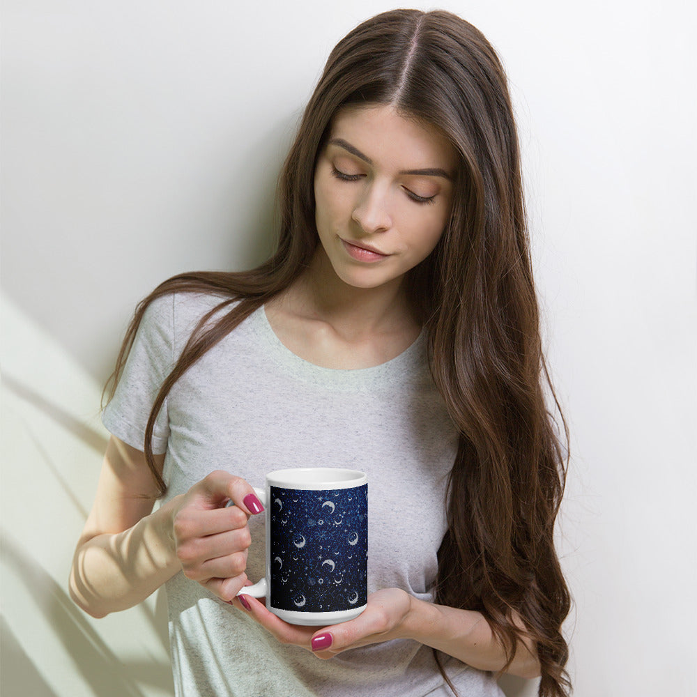 Blue Silver Glitter Moon White Glossy Mug